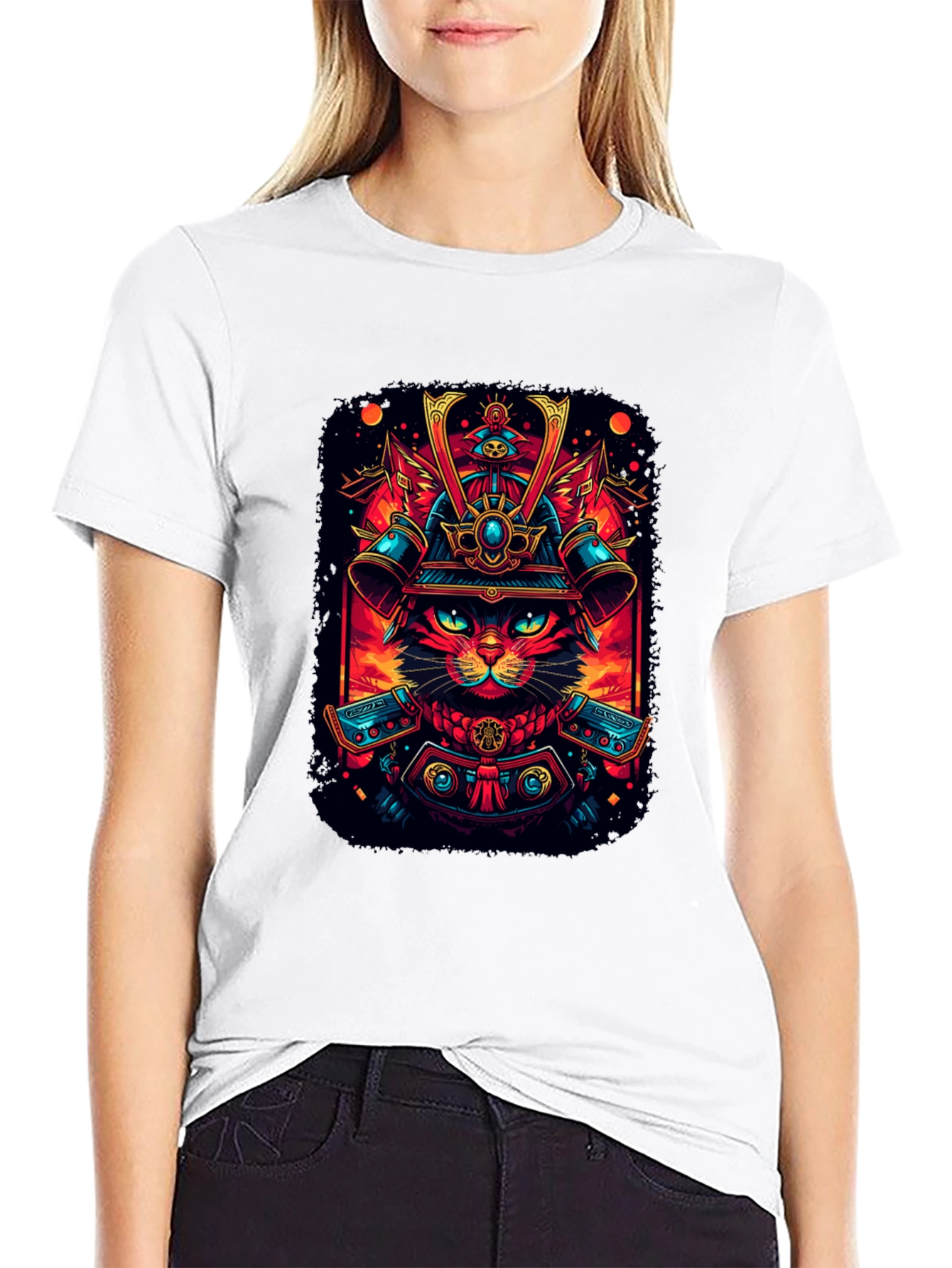 Samurai Cat Graphic Tee - Black Cotton