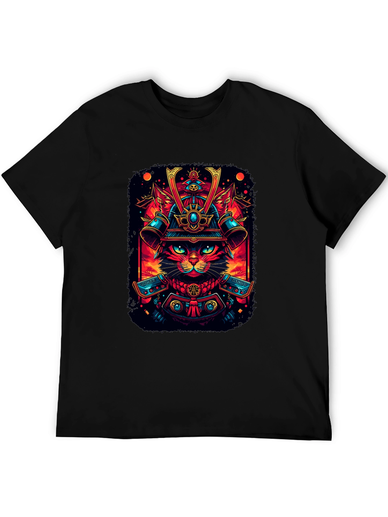 Samurai Cat Graphic Tee - Black Cotton
