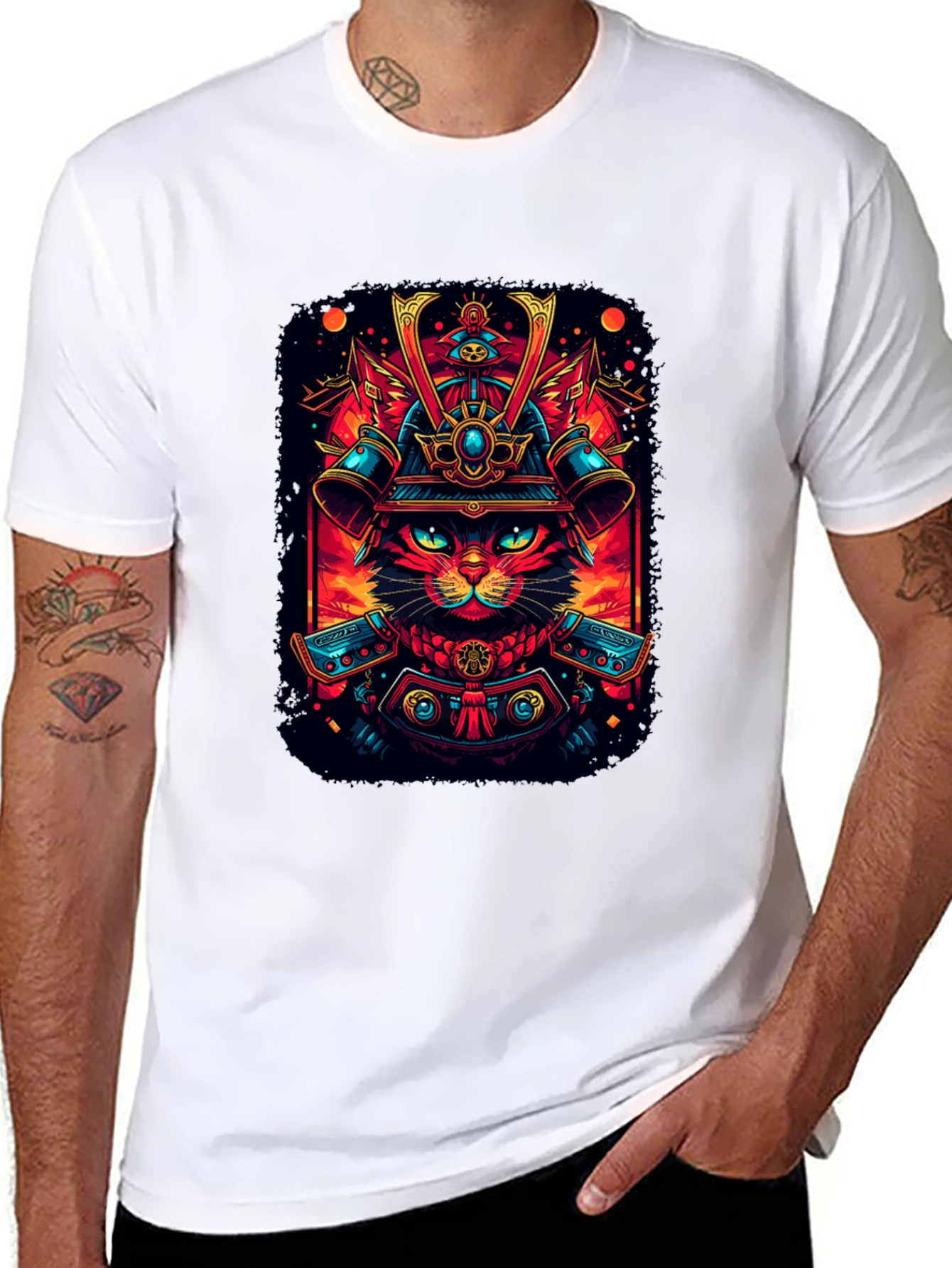 Samurai Cat Graphic Tee - Black Cotton