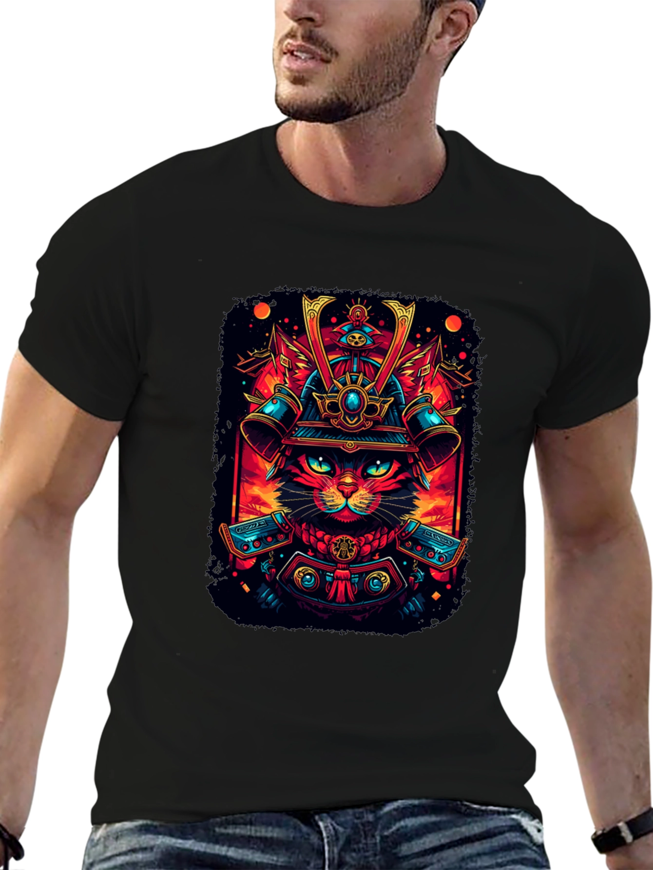 Samurai Cat Graphic Tee - Black Cotton
