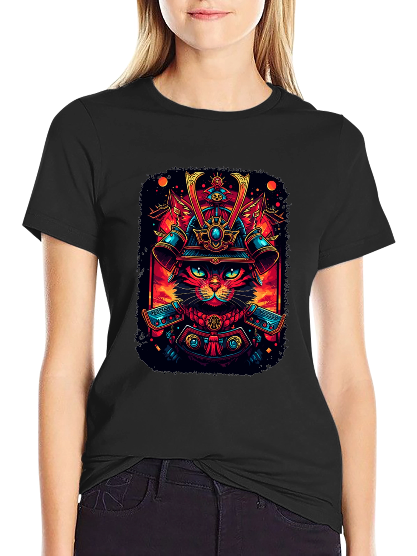 Samurai Cat Graphic Tee - Black Cotton