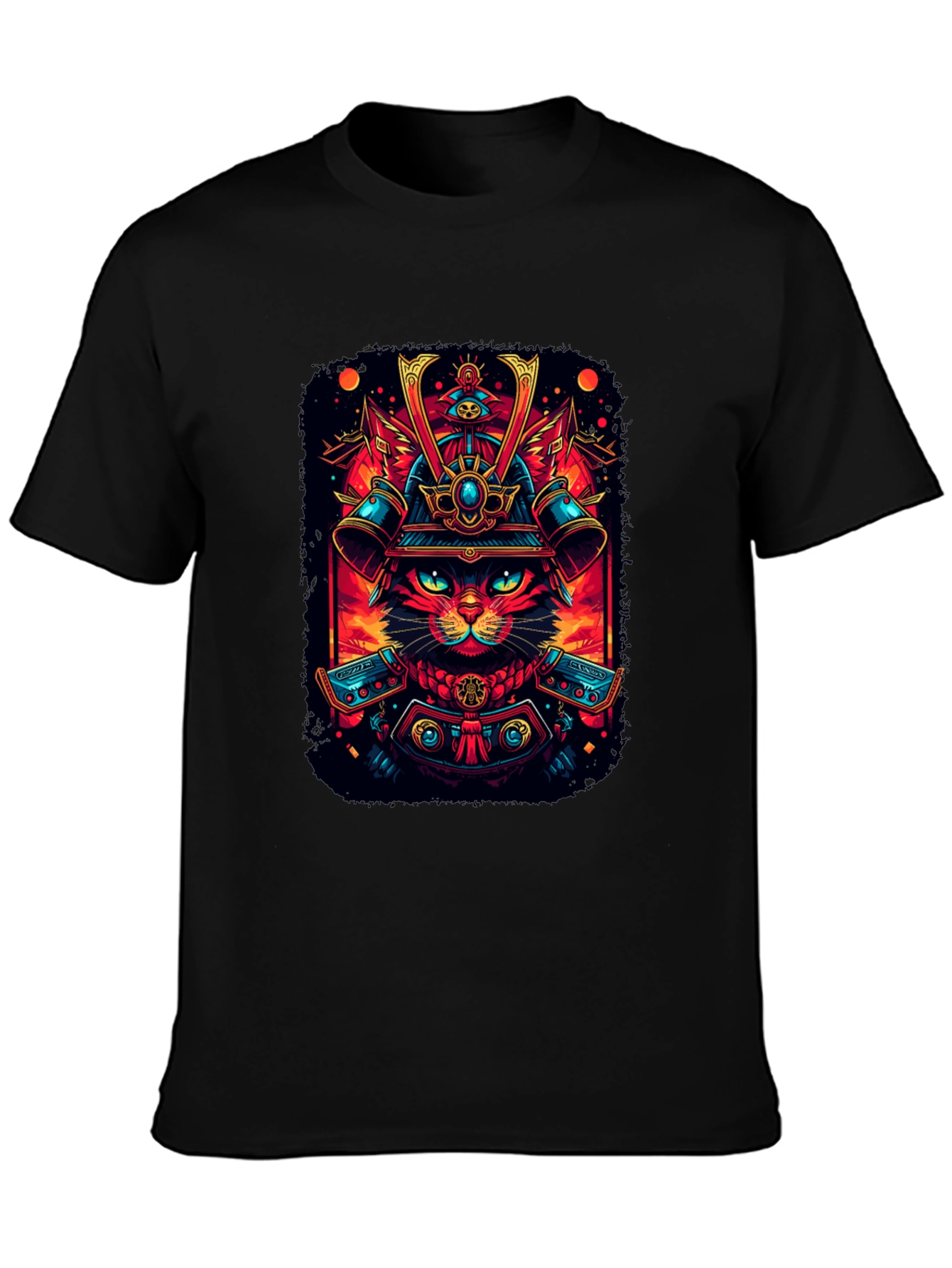 Samurai Cat Graphic Tee - Black Cotton