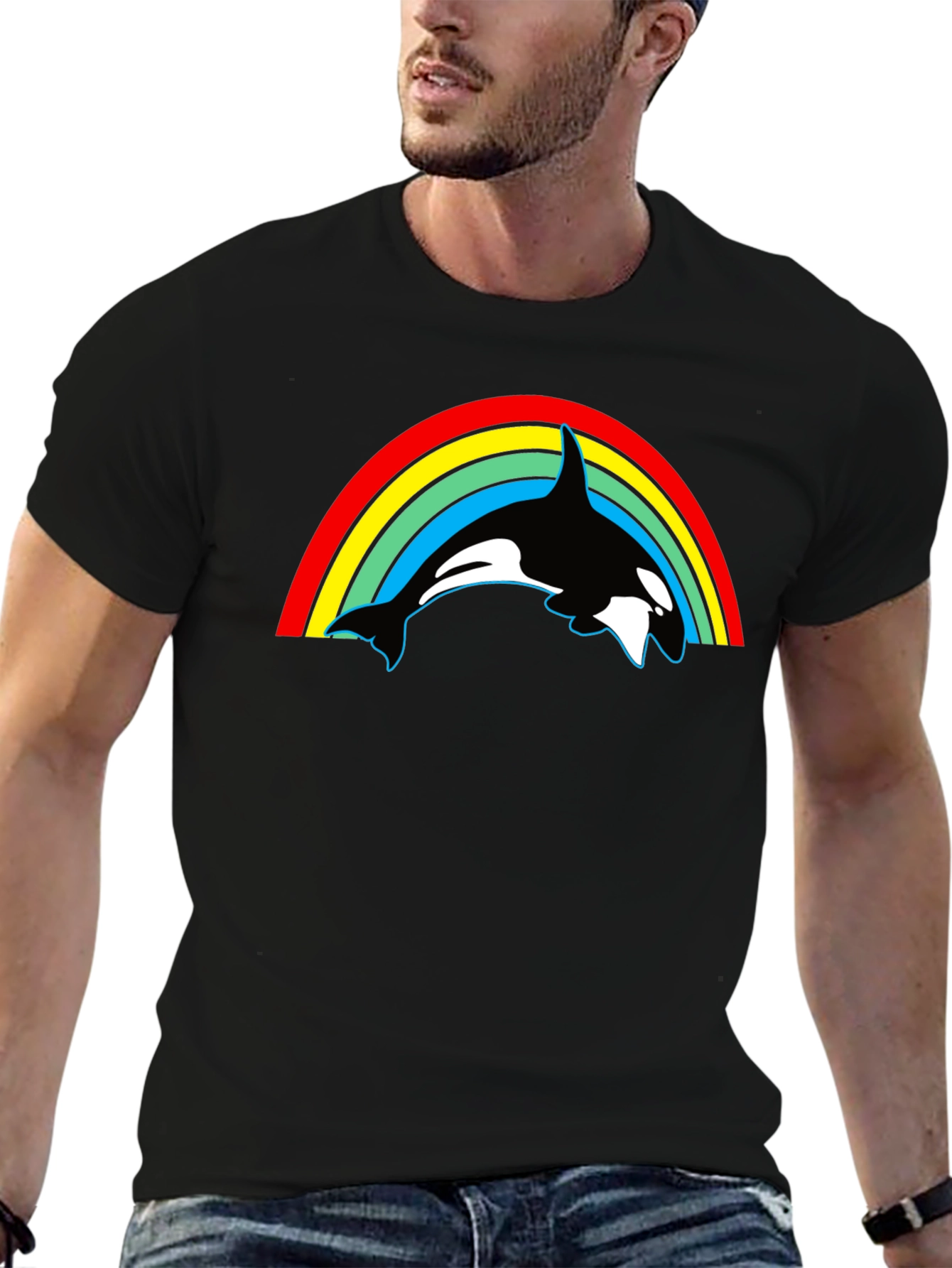 Orca Rainbow Graphic Tee - Black Cotton T-Shirt