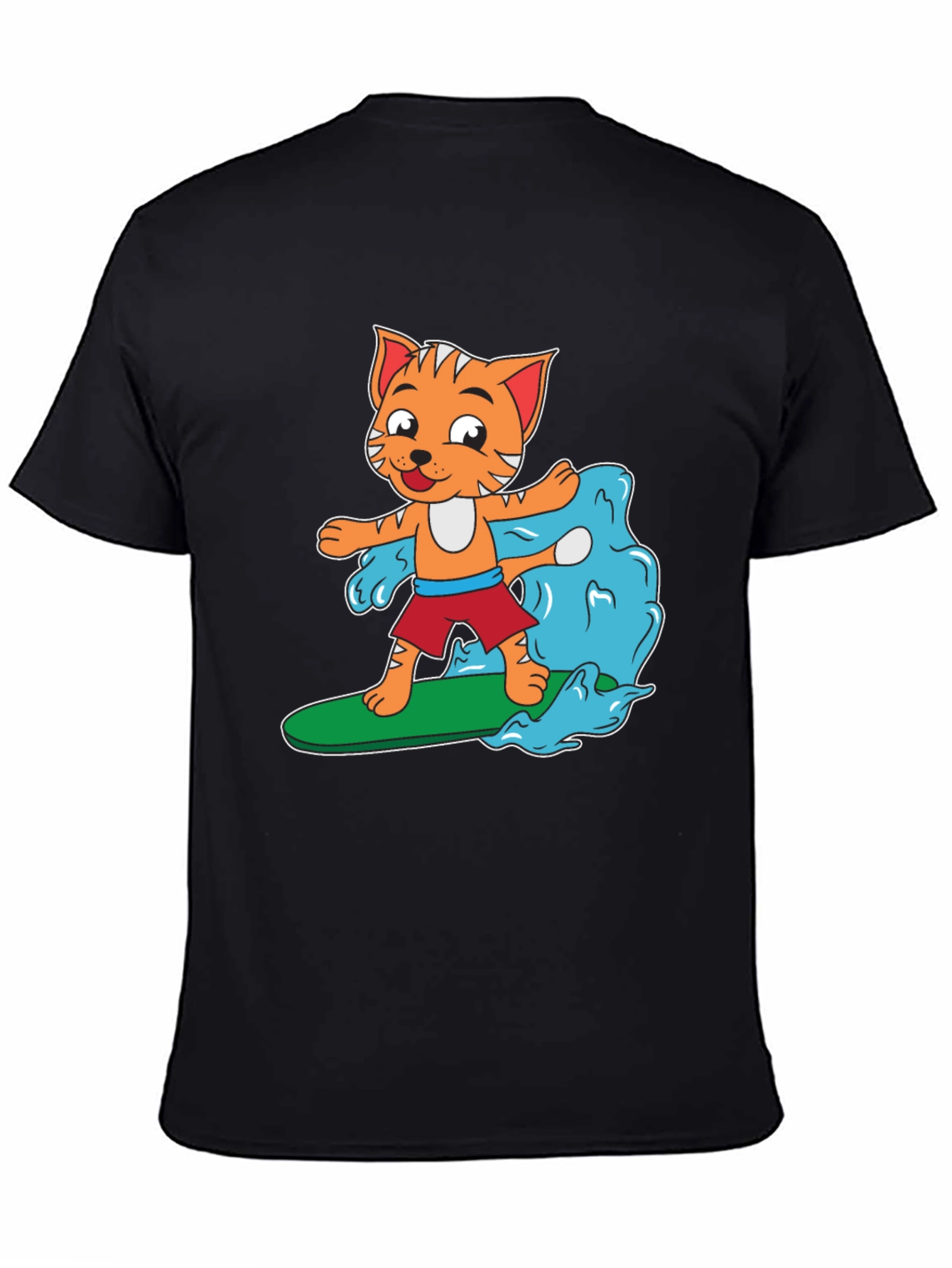Cartoon Cat Surfing T-Shirt - Black Cotton Tee