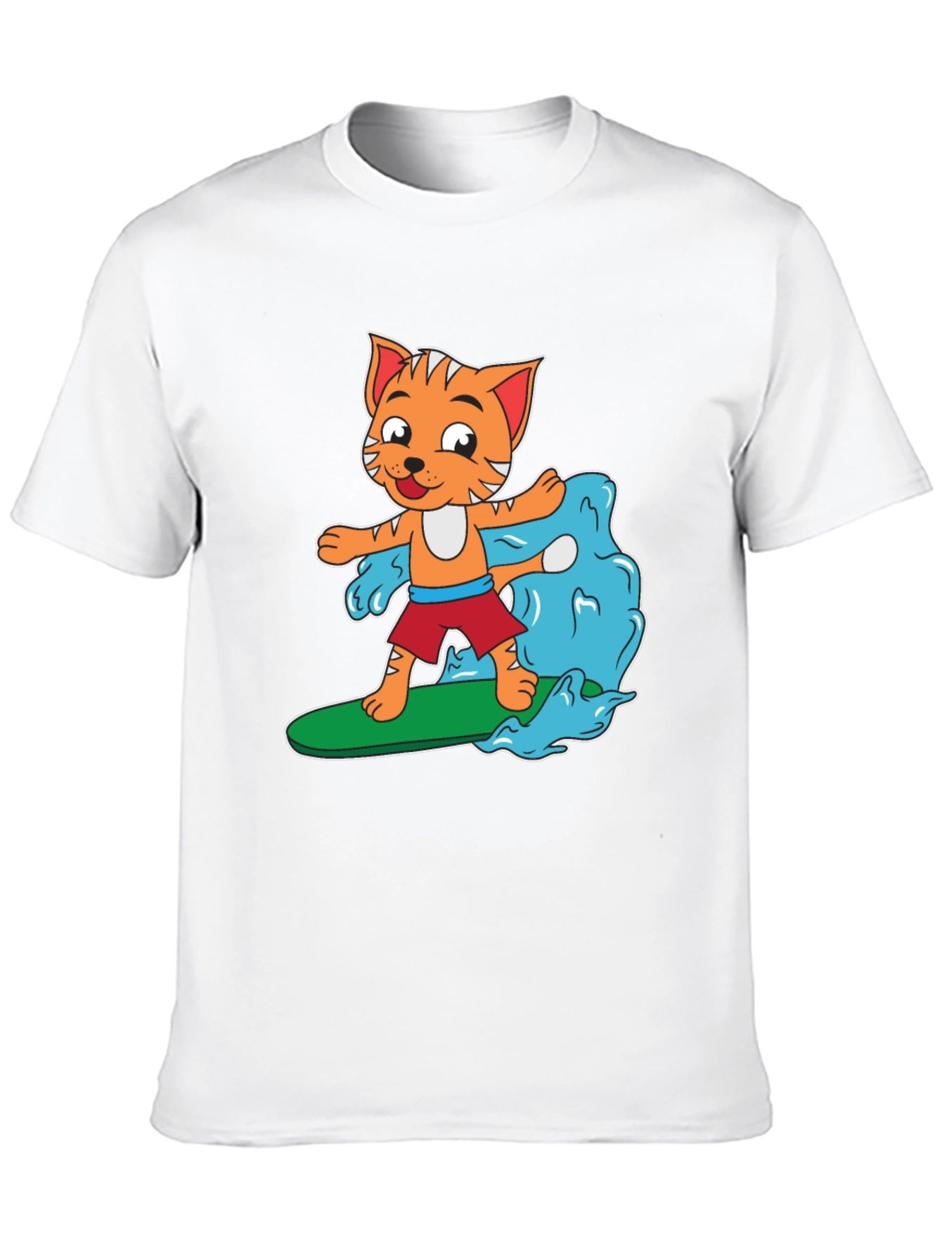 Cartoon Cat Surfing T-Shirt - Black Cotton Tee