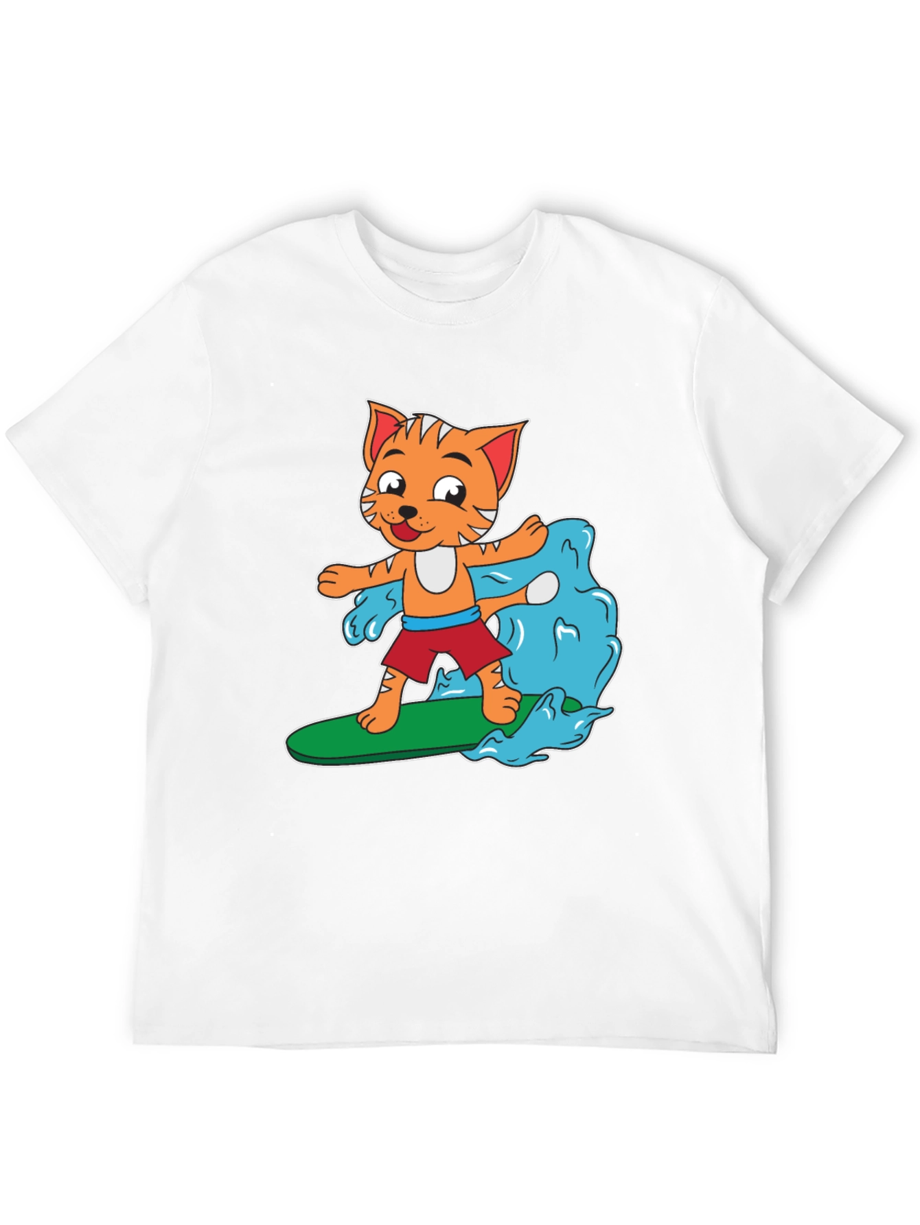 Cartoon Cat Surfing T-Shirt - Black Cotton Tee