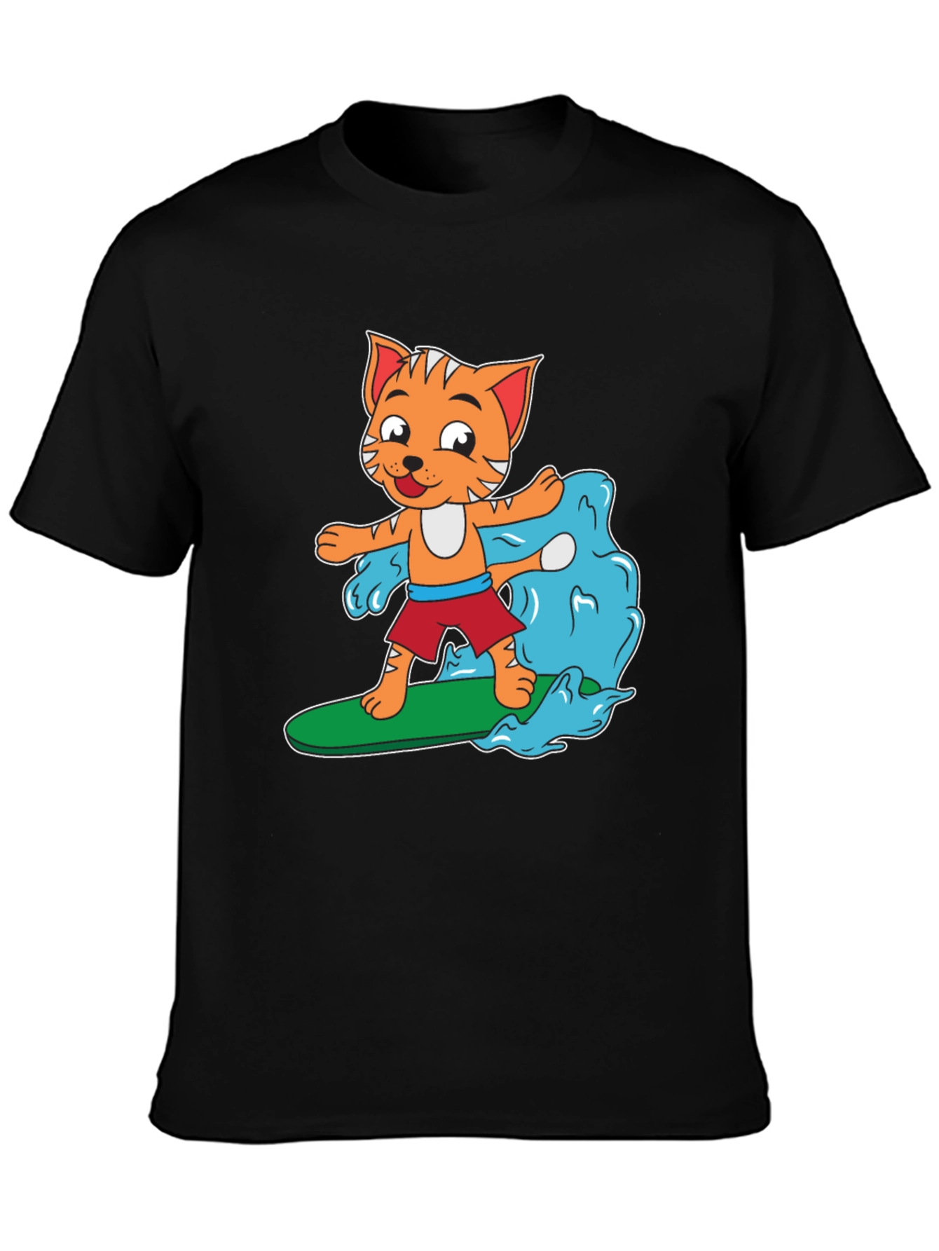 Cartoon Cat Surfing T-Shirt - Black Cotton Tee