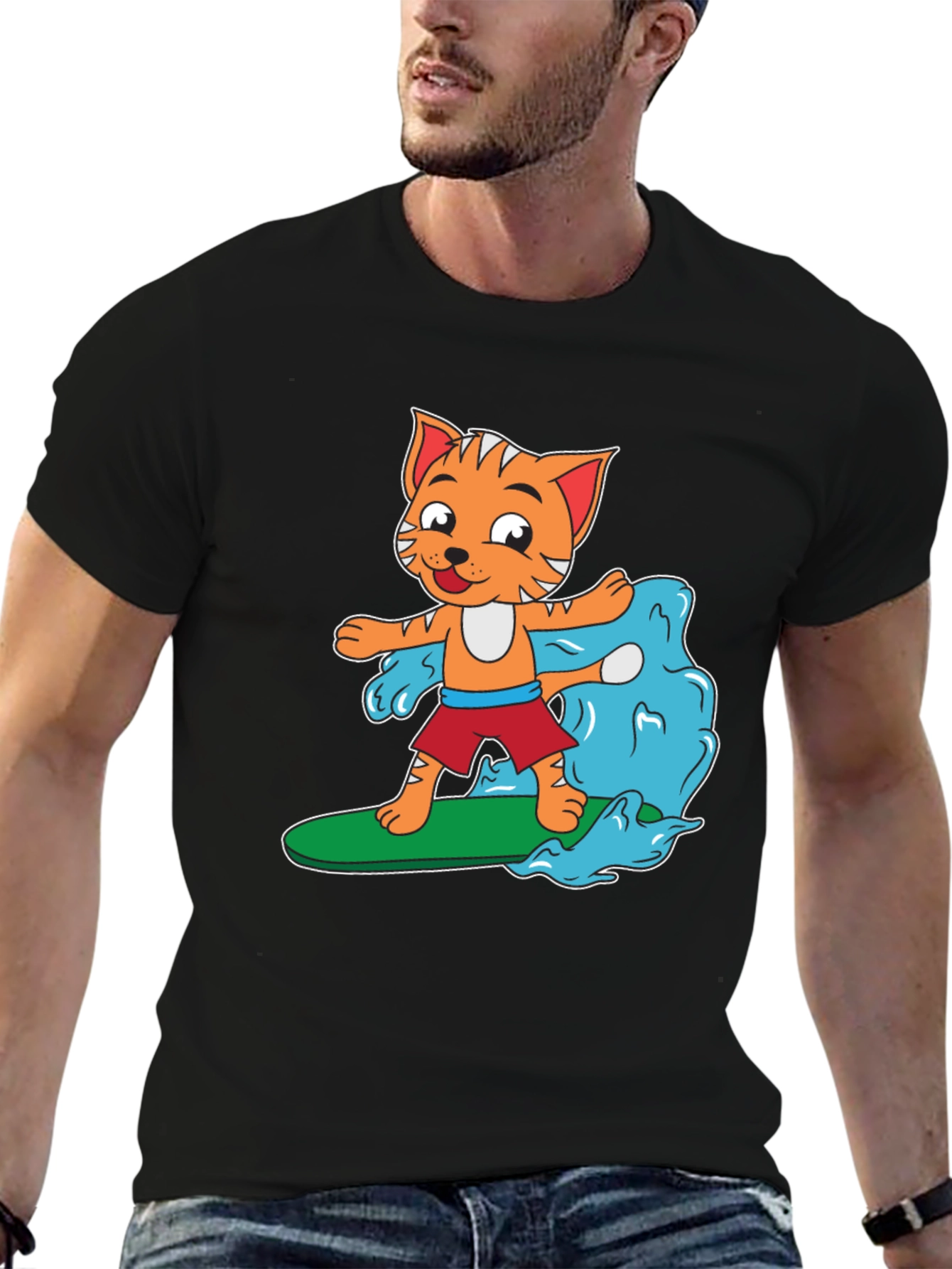 Cartoon Cat Surfing T-Shirt - Black Cotton Tee