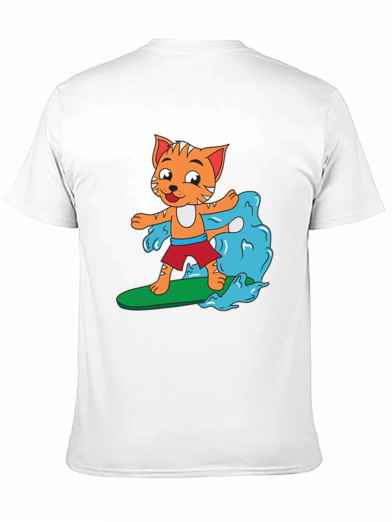 Cartoon Cat Surfing T-Shirt - Black Cotton Tee
