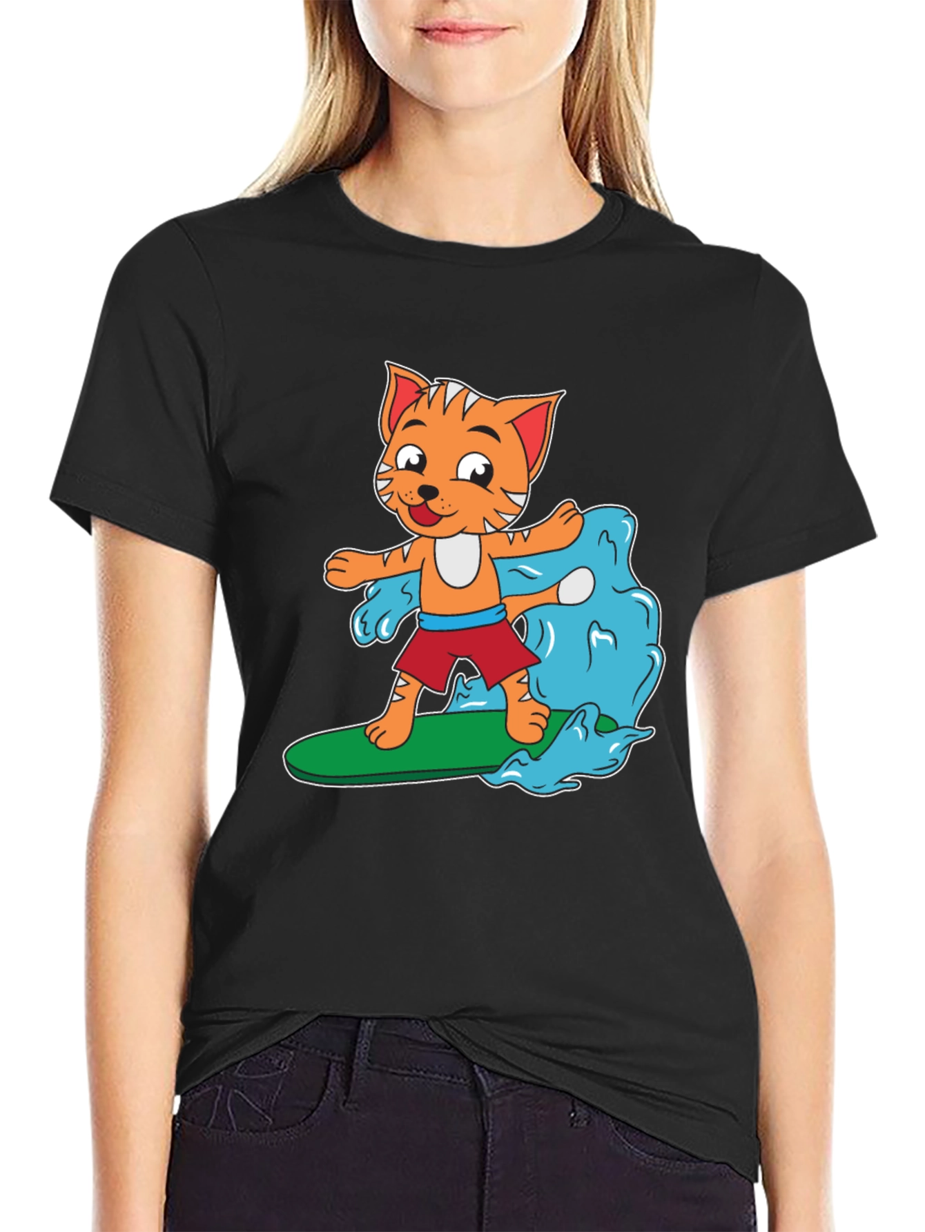 Cartoon Cat Surfing T-Shirt - Black Cotton Tee