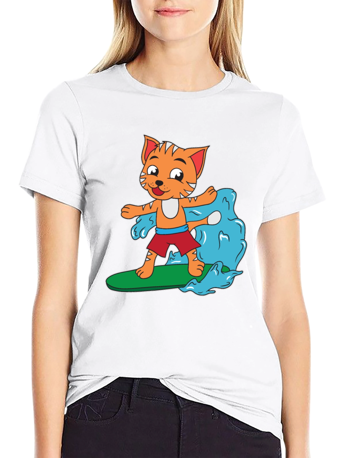 Cartoon Cat Surfing T-Shirt - Black Cotton Tee