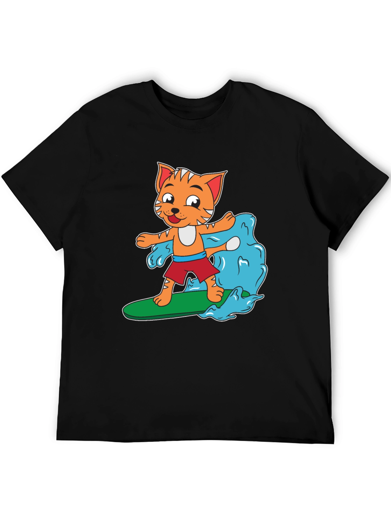 Cartoon Cat Surfing T-Shirt - Black Cotton Tee