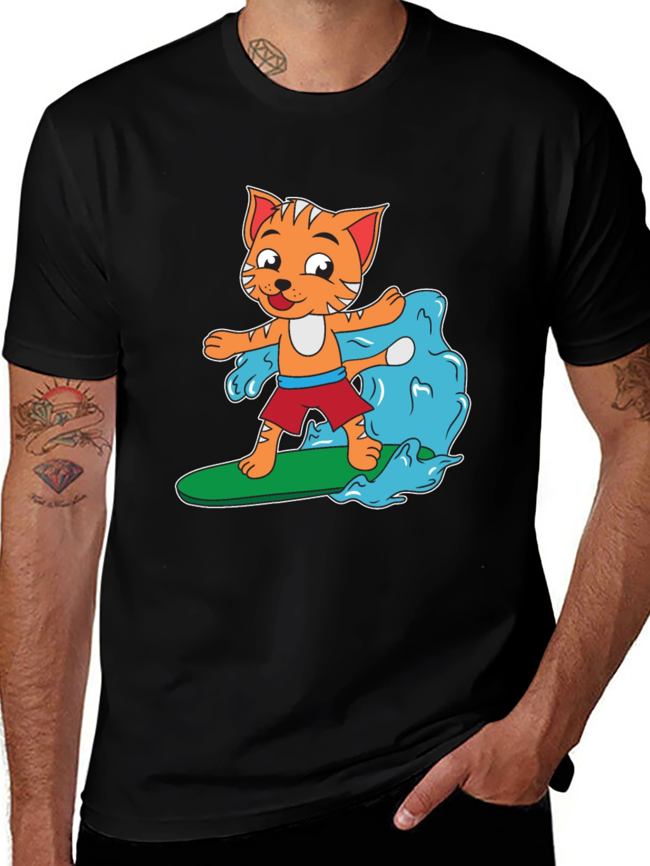 Cartoon Cat Surfing T-Shirt - Black Cotton Tee