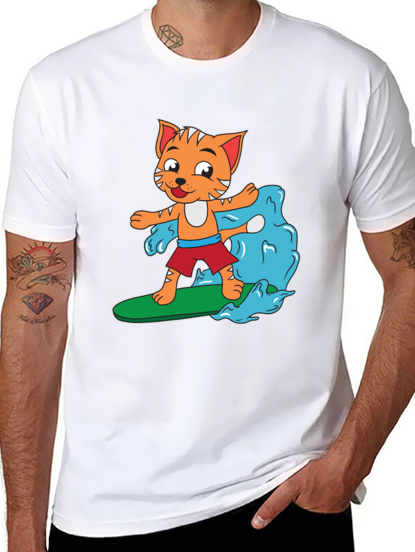 Cartoon Cat Surfing T-Shirt - Black Cotton Tee