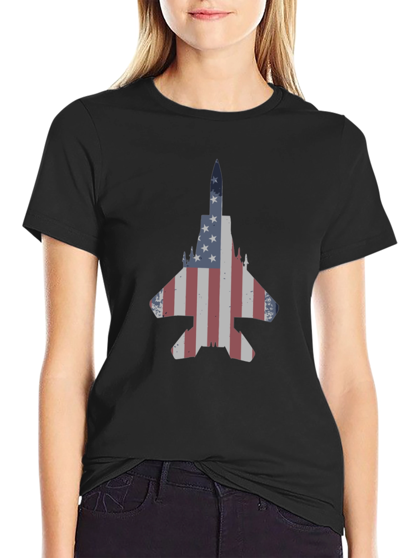 Patriotic Jet Fighter T-Shirt - American Flag Design