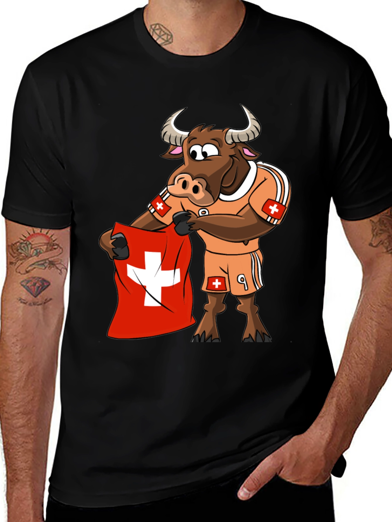 Swiss Bull Soccer Fan T-Shirt - Black Cotton Tee
