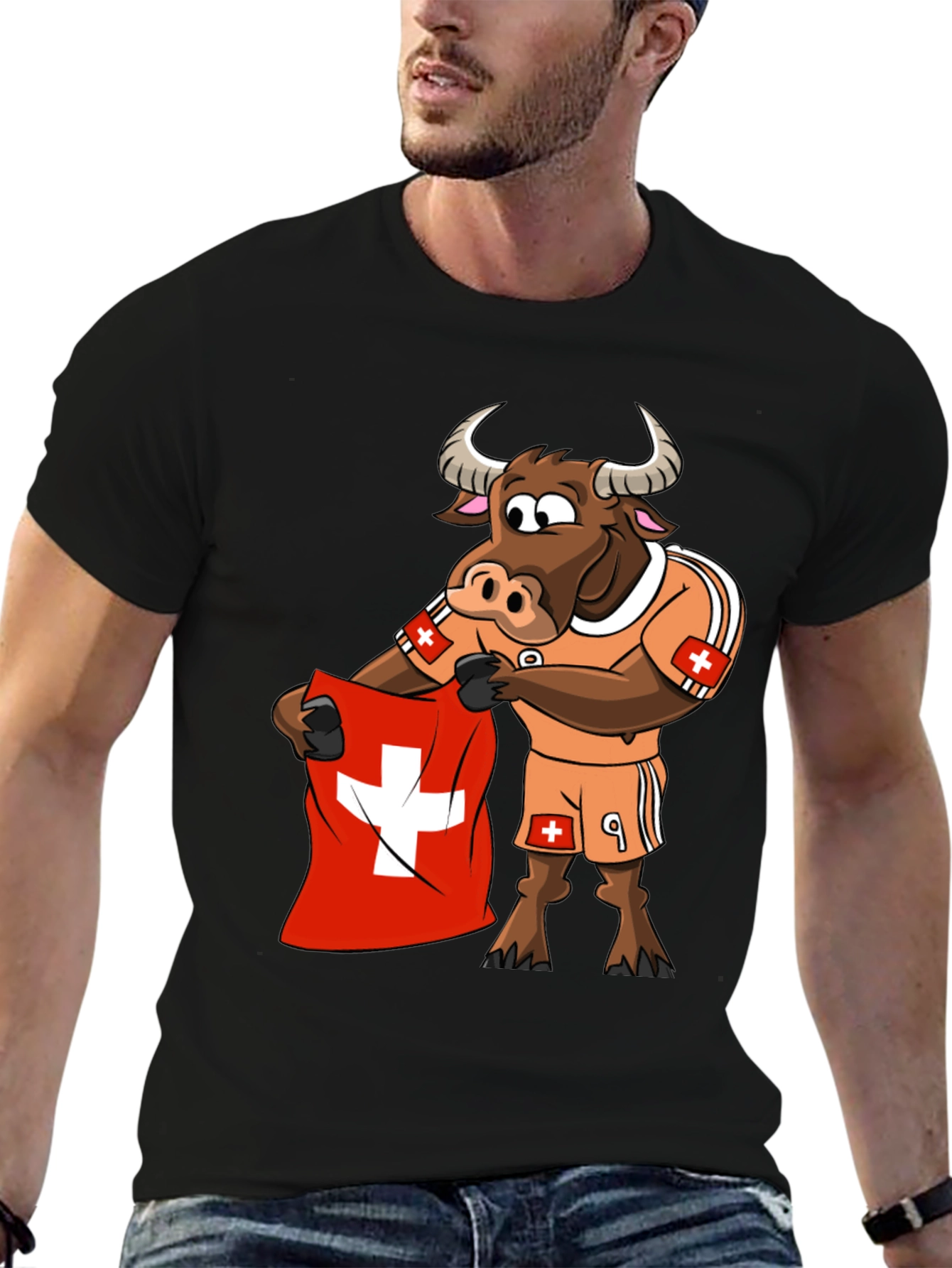 Swiss Bull Soccer Fan T-Shirt - Black Cotton Tee