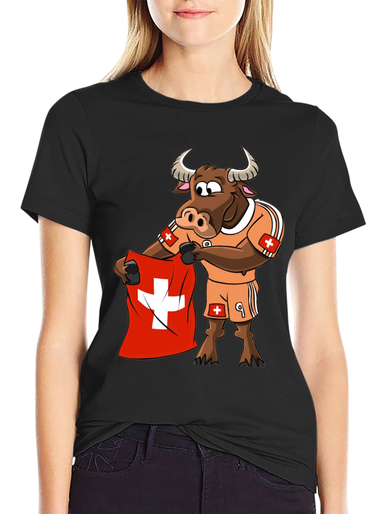 Swiss Bull Soccer Fan T-Shirt - Black Cotton Tee