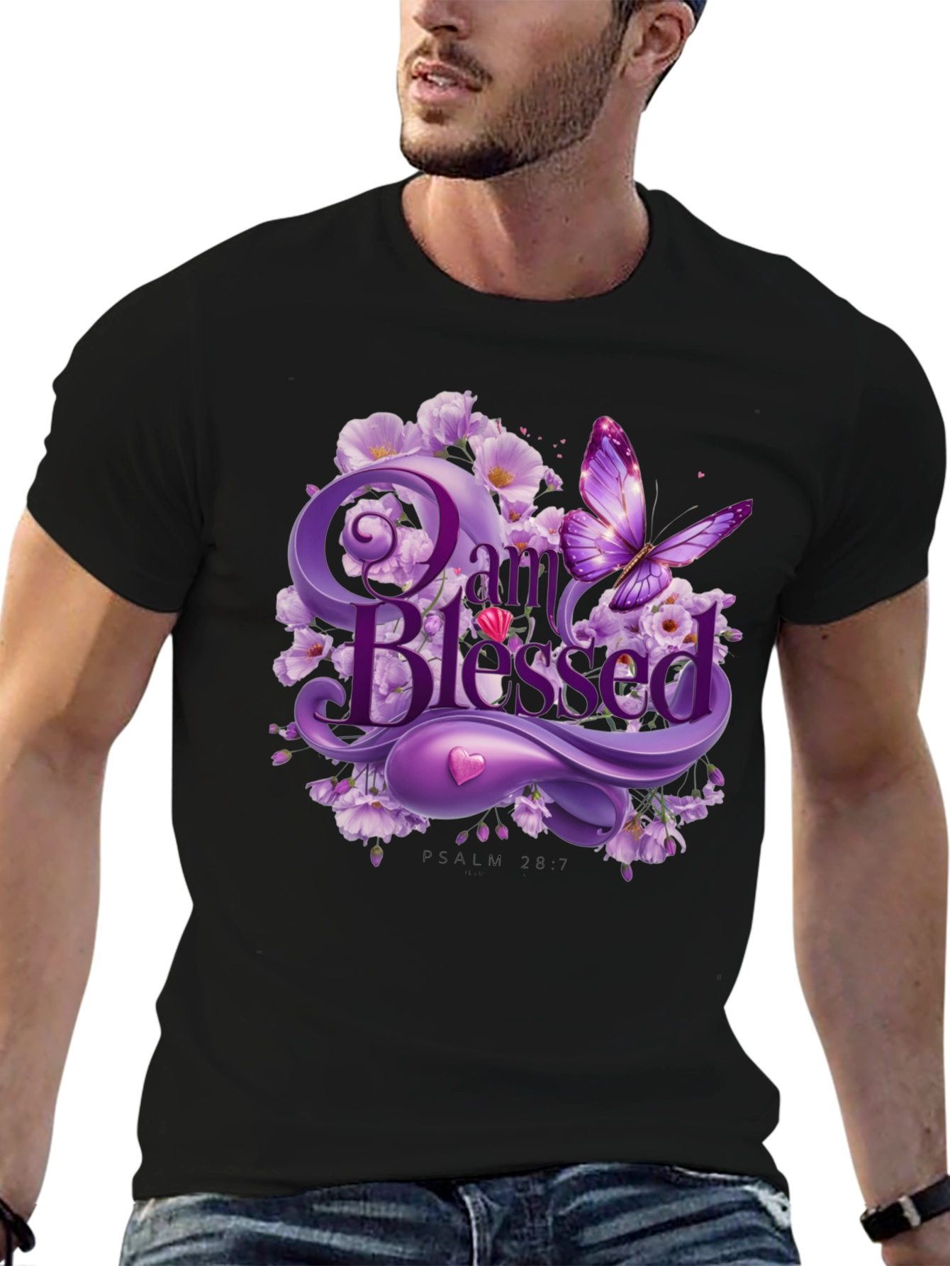 I Am Blessed T-Shirt Purple Floral Butterfly Design