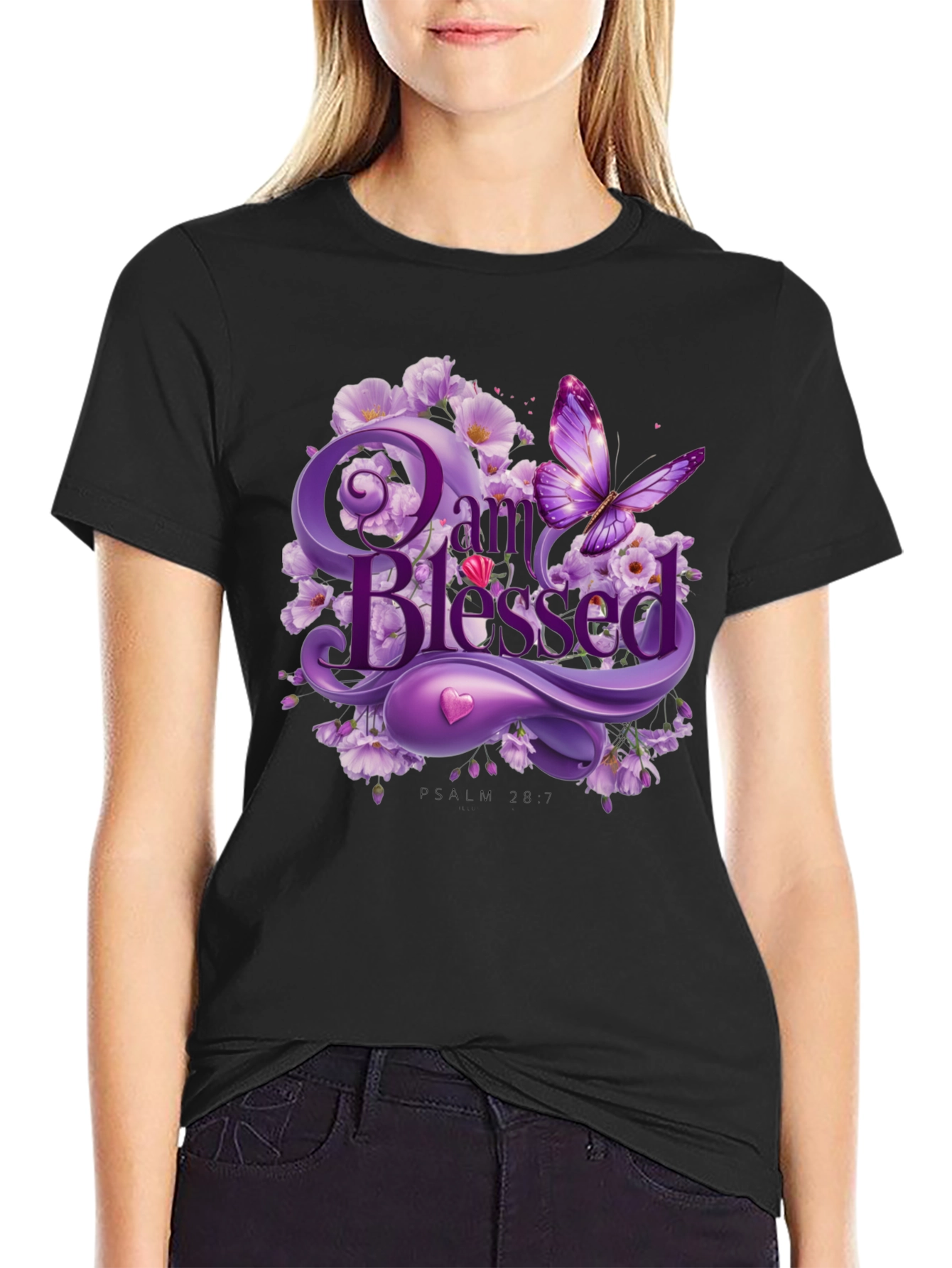 I Am Blessed T-Shirt Purple Floral Butterfly Design