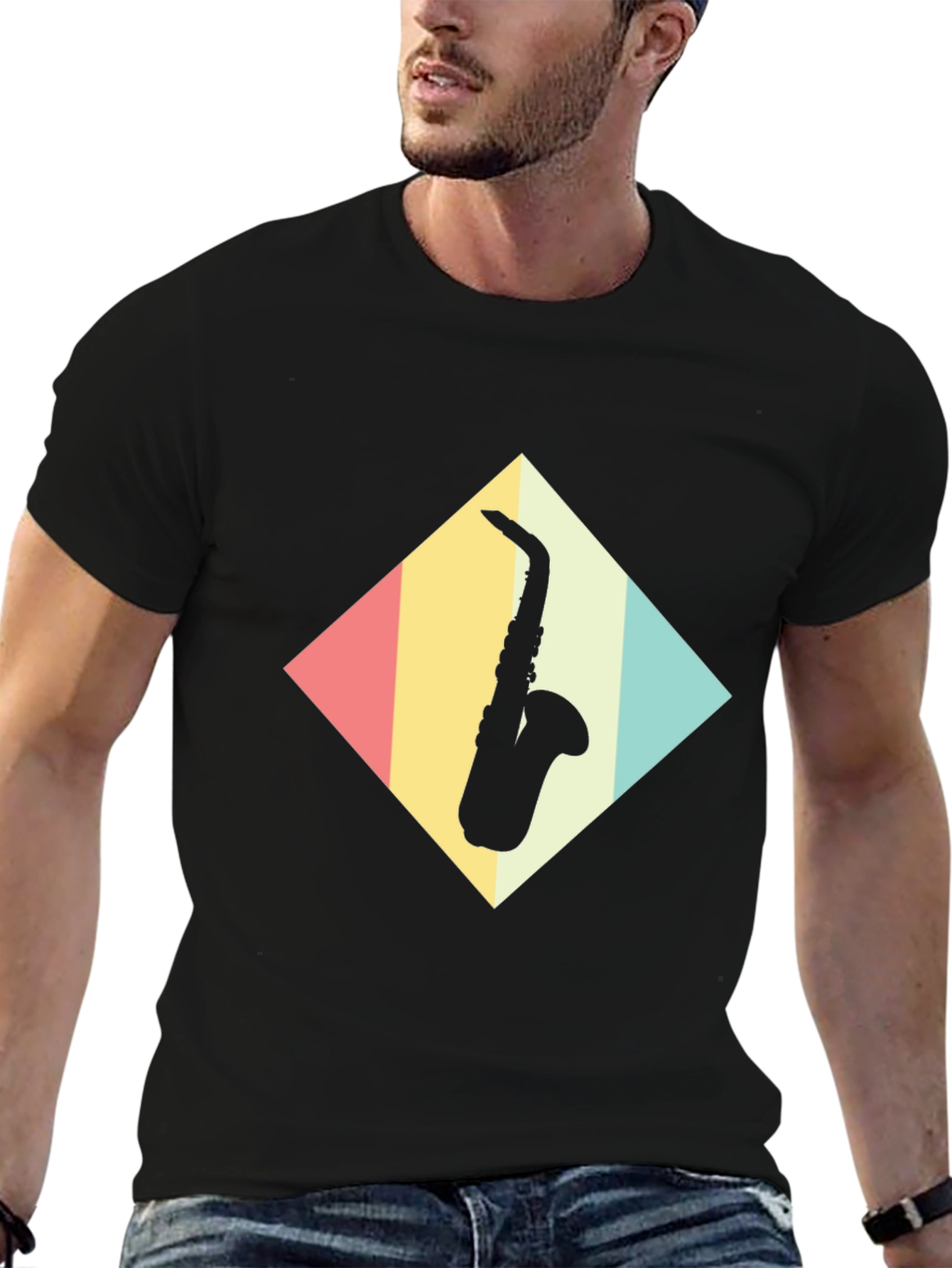 Saxophone Diamond Graphic Tee - Retro Style