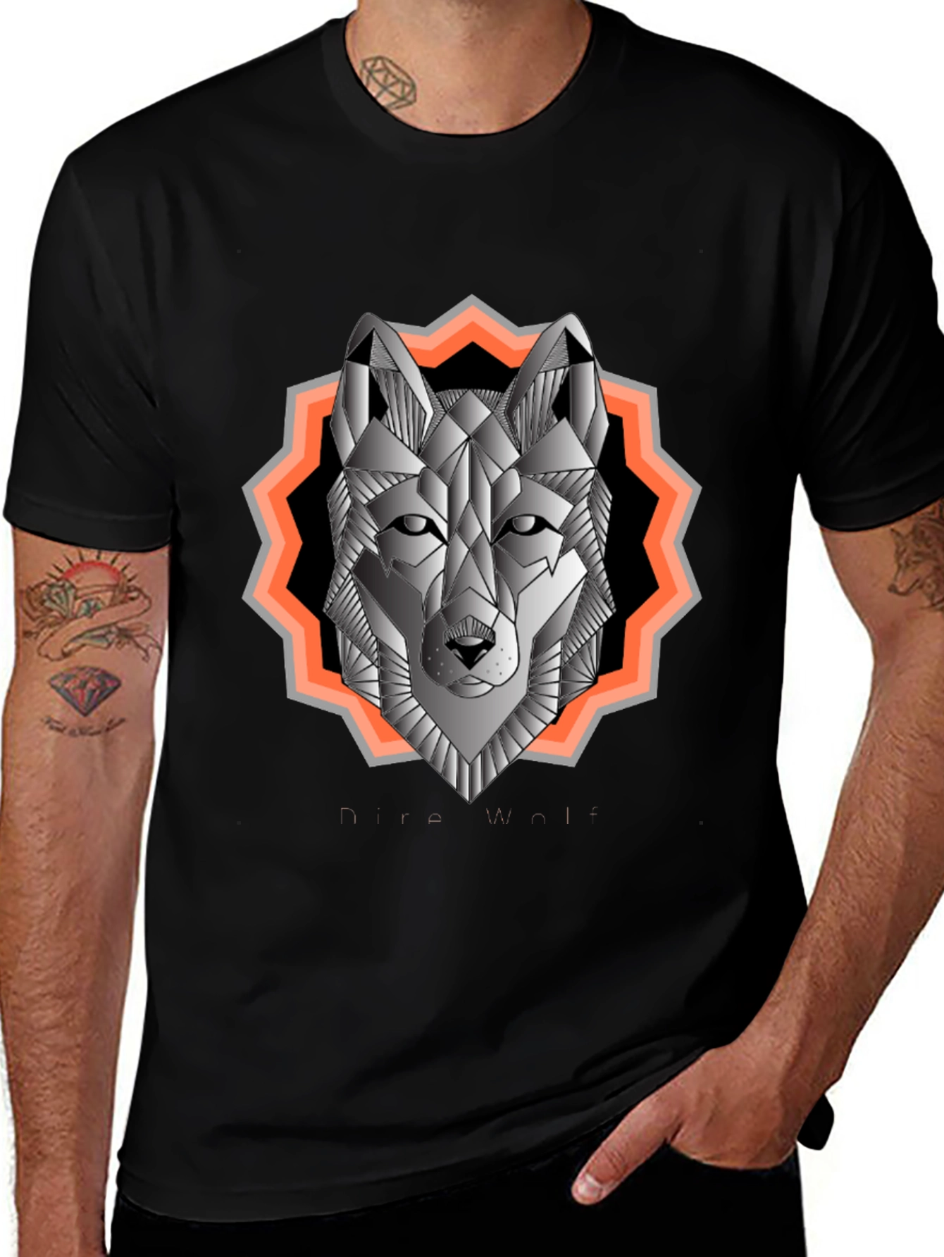 Geometric Wolf Graphic Tee - Black Cotton Blend