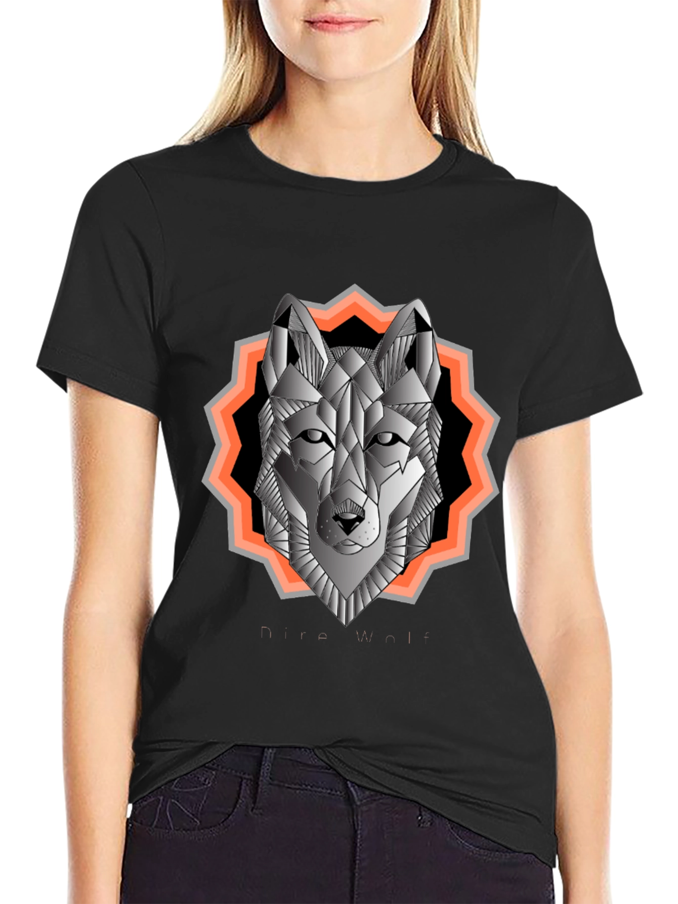 Geometric Wolf Graphic Tee - Black Cotton Blend