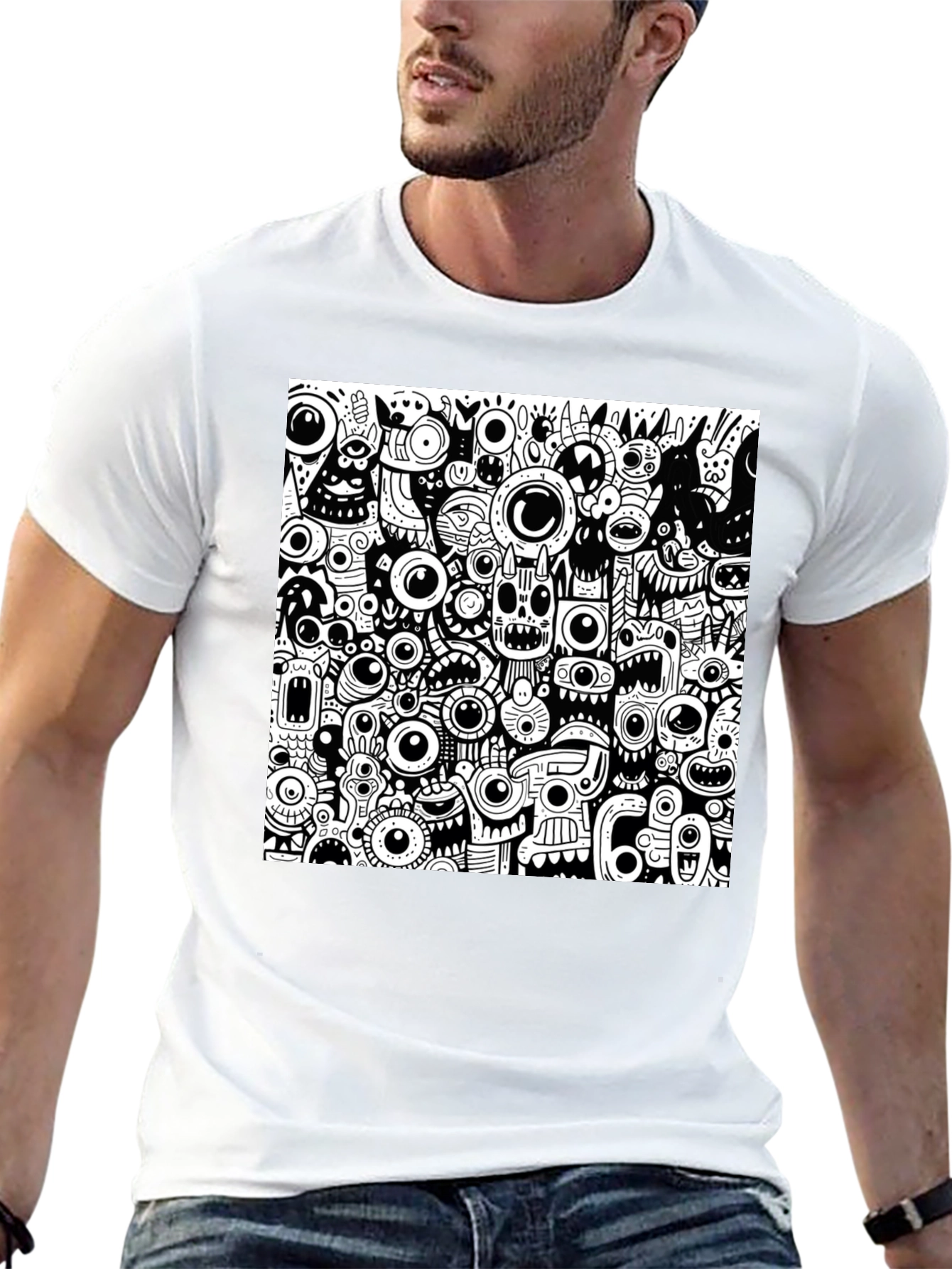 Eye-Catching Monster Doodle Graphic Tee - Black