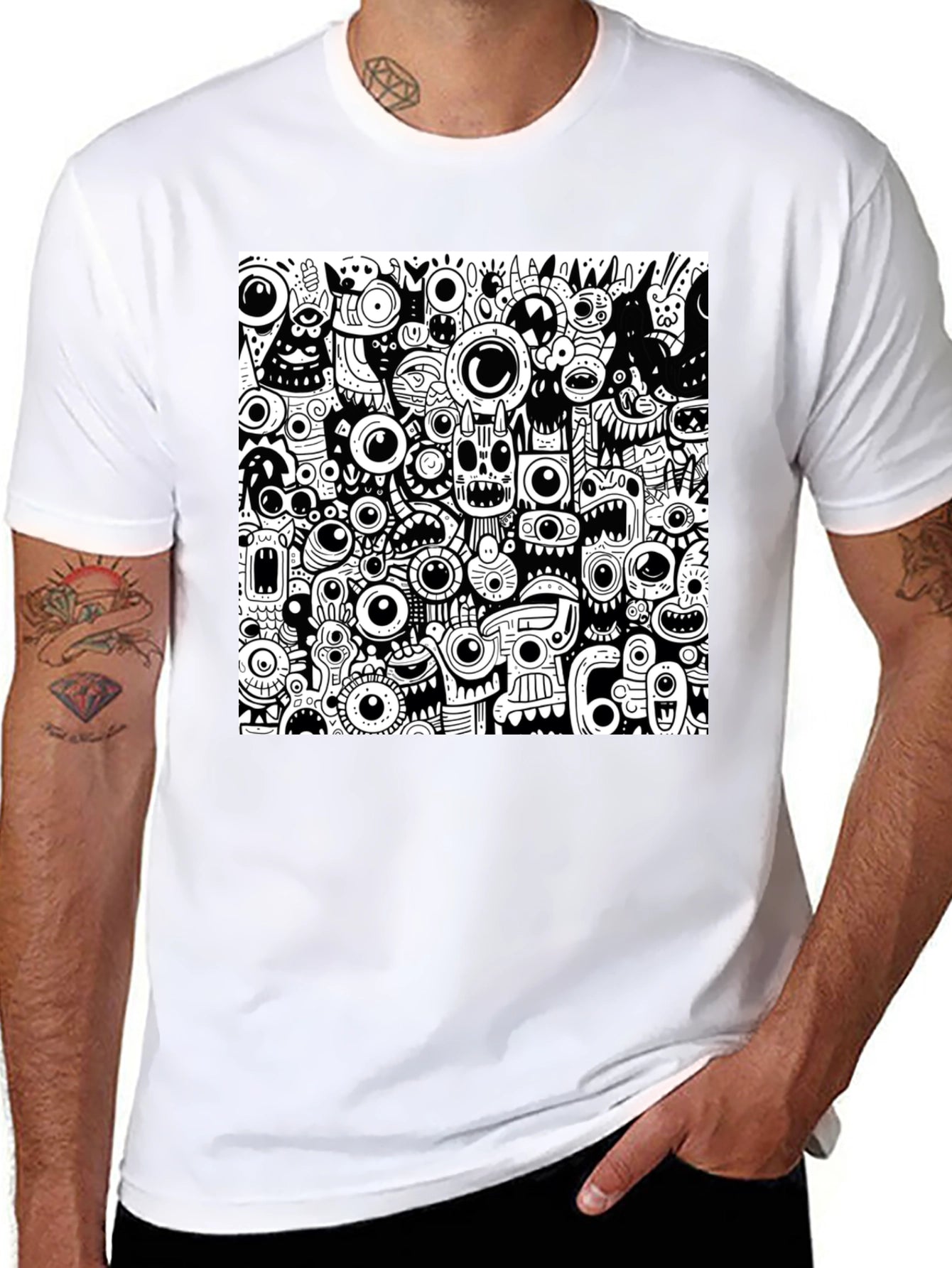 Eye-Catching Monster Doodle Graphic Tee - Black