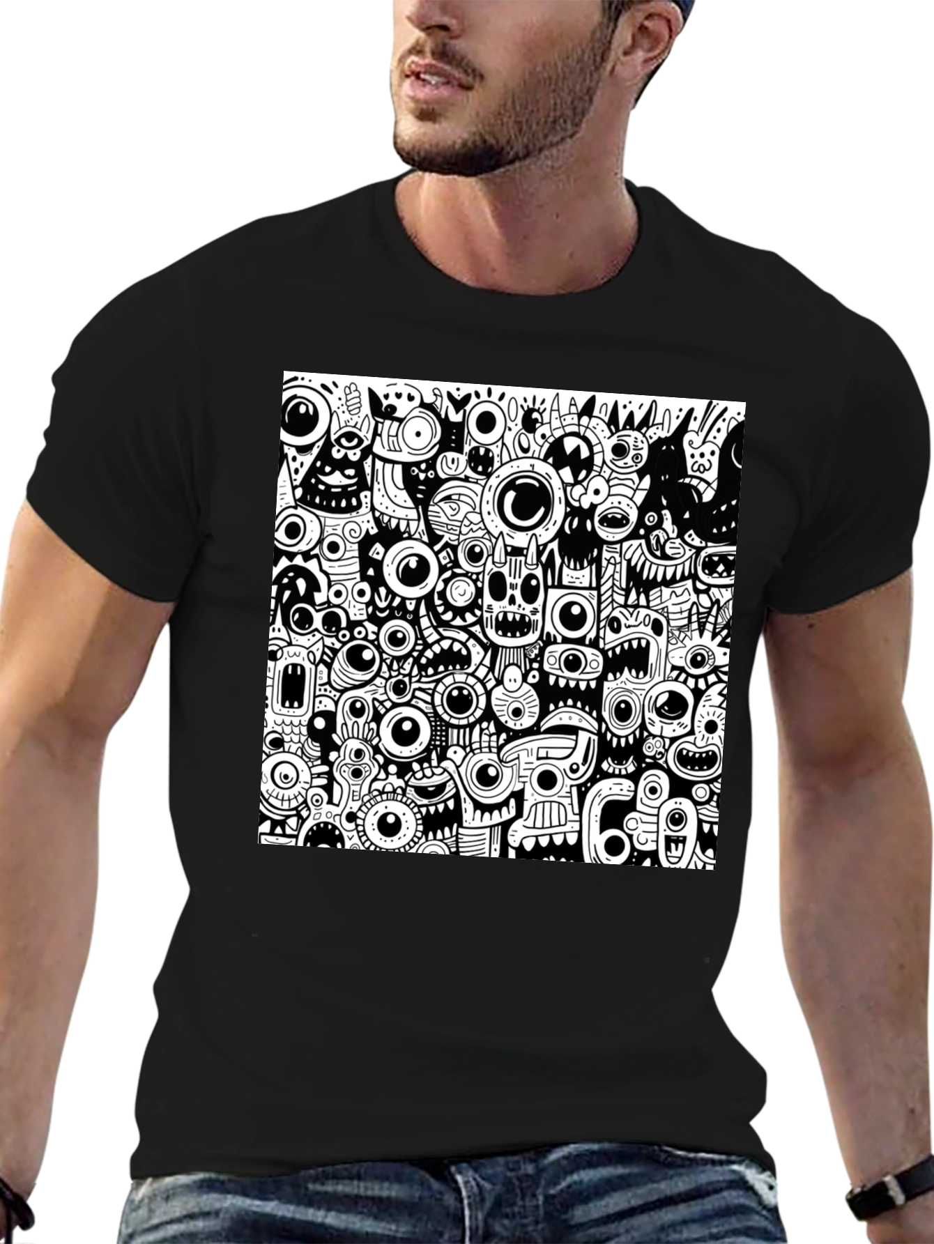 Eye-Catching Monster Doodle Graphic Tee - Black