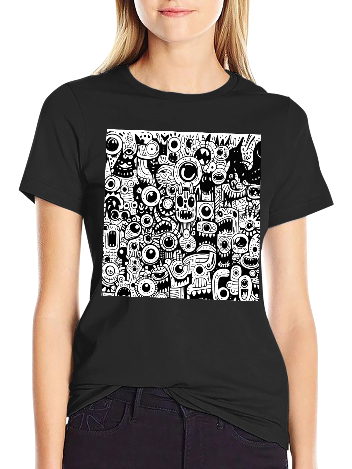 Eye-Catching Monster Doodle Graphic Tee - Black
