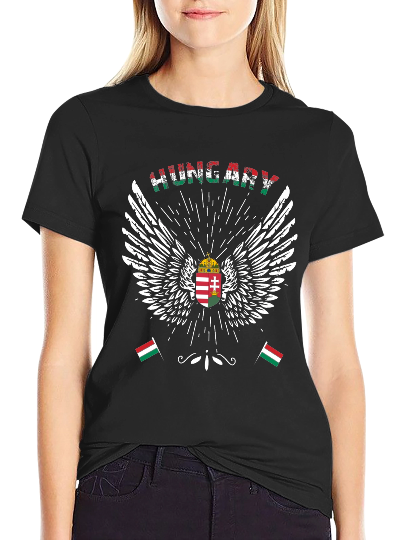Hungary Flag Wings Graphic T-Shirt - Black Cotton Tee