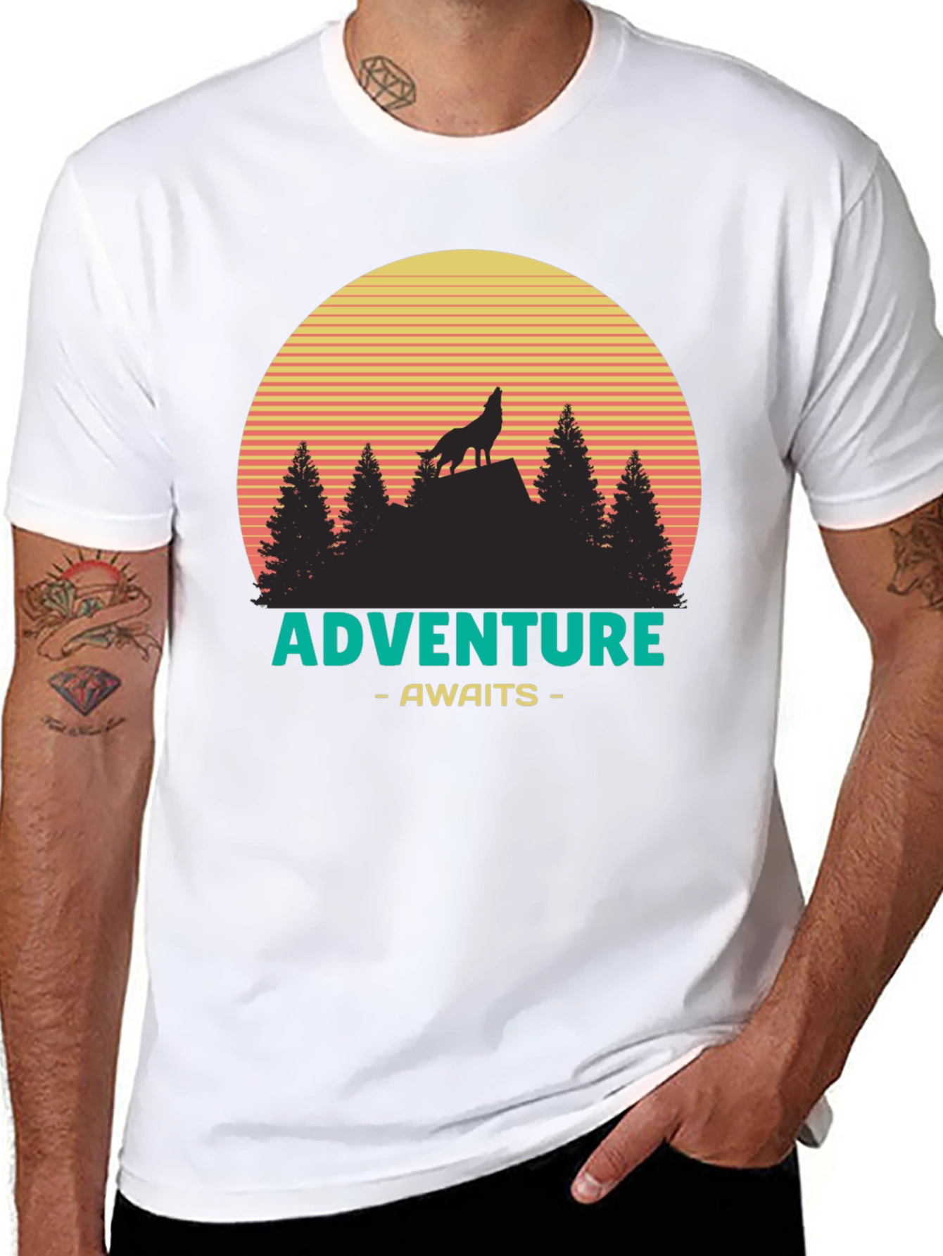 Adventure Awaits Graphic T-Shirt - Wolf & Sunset Design