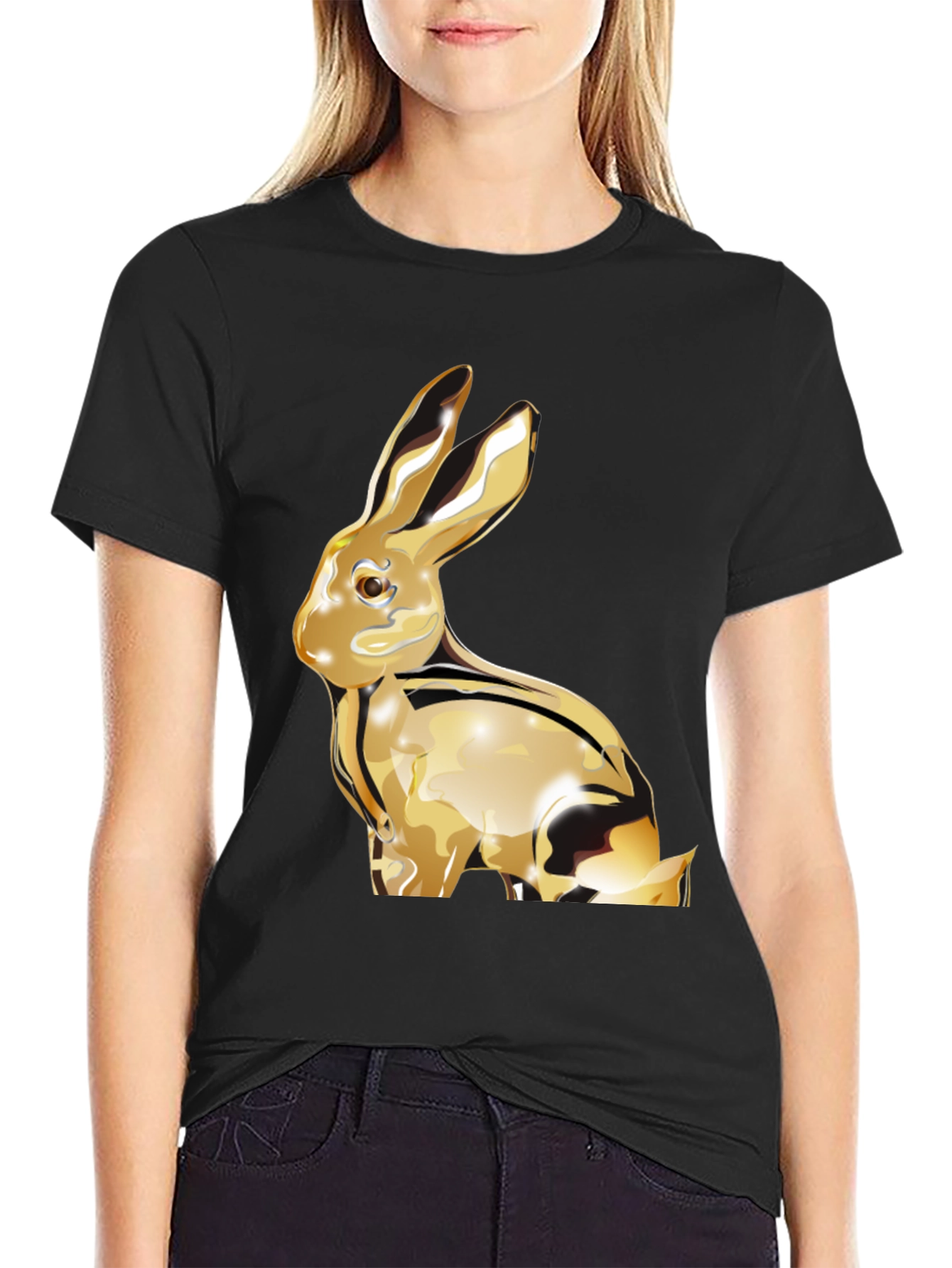 Golden Rabbit Graphic Tee - Soft Black Cotton