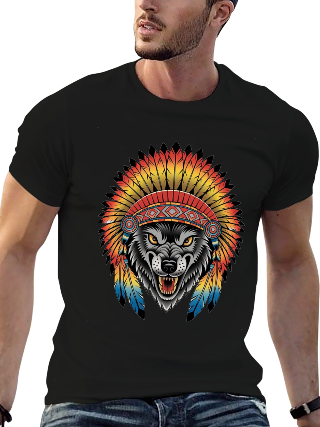 Wolf in Headdress Graphic Tee - Black