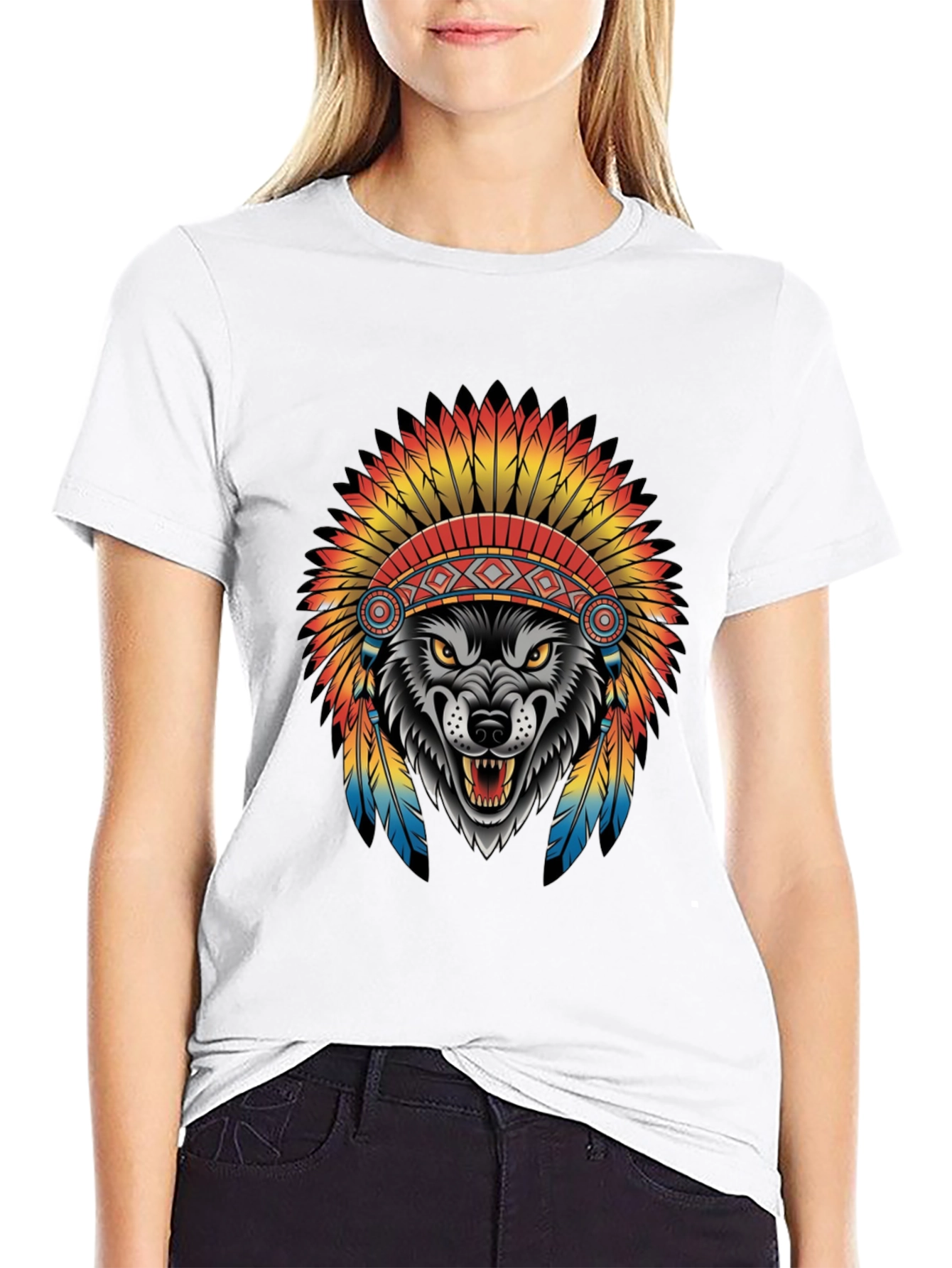 Wolf in Headdress Graphic Tee - Black