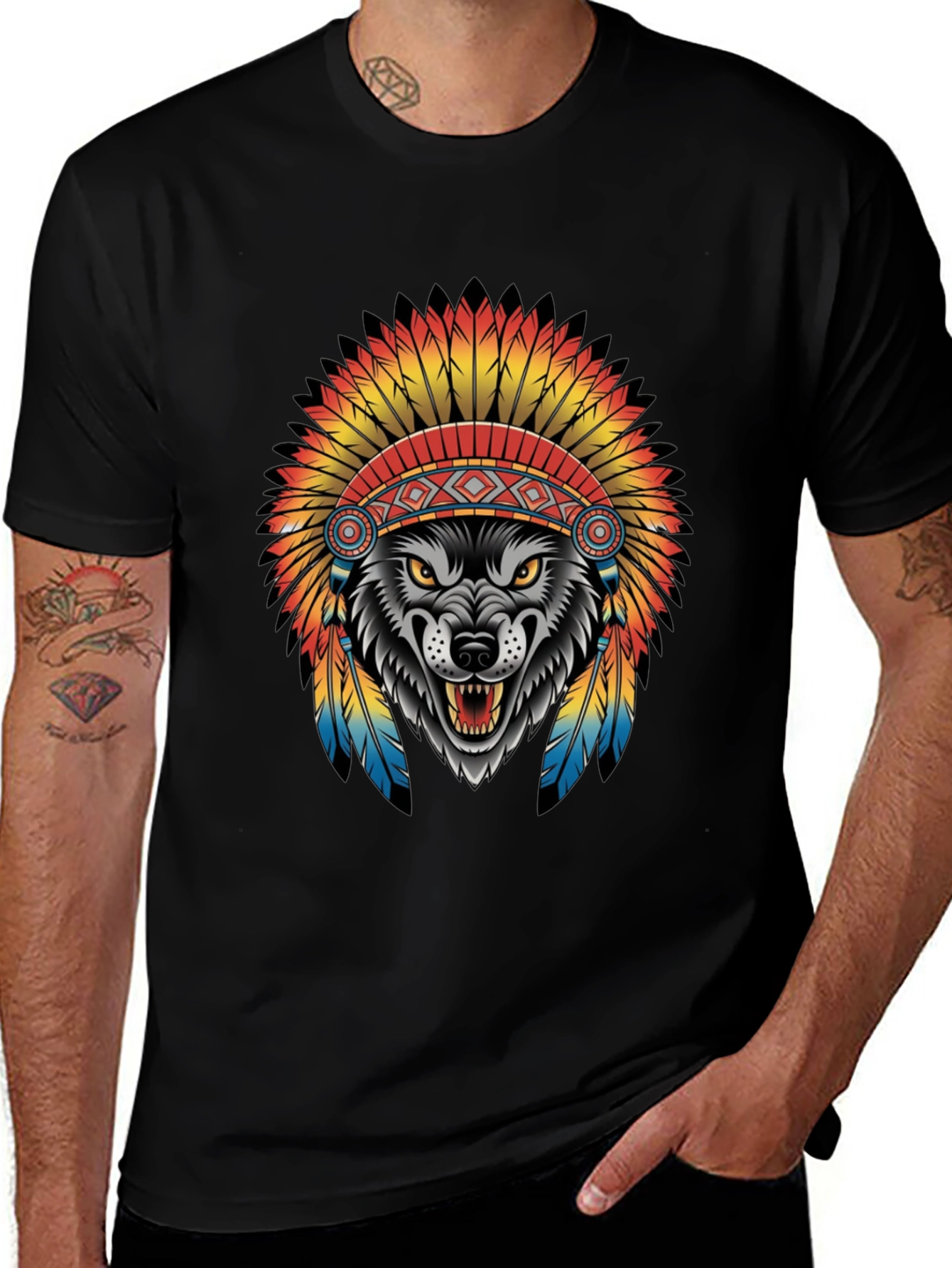 Wolf in Headdress Graphic Tee - Black