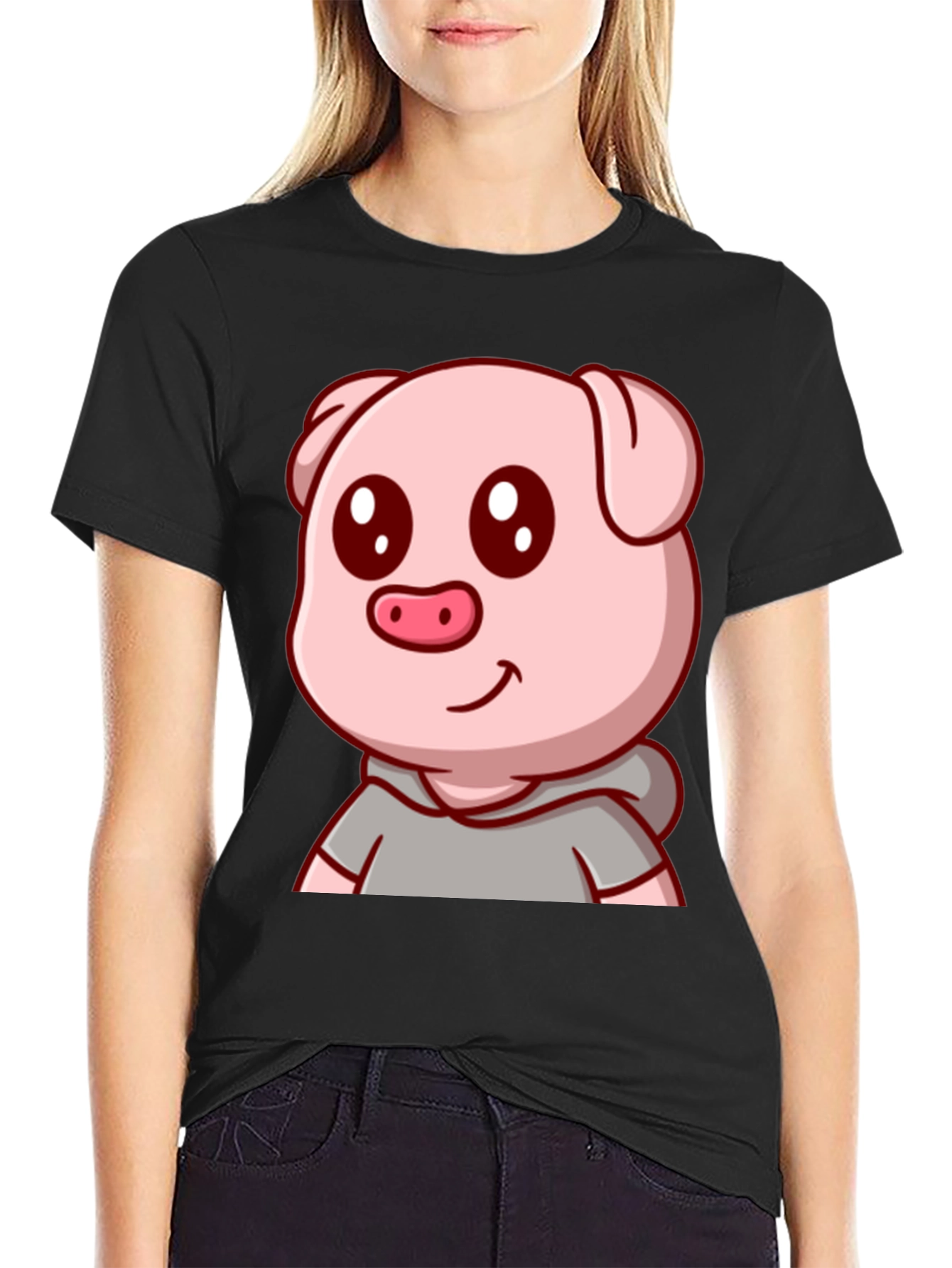 Cute Pig Cartoon Graphic Tee - Unisex Black T-Shirt