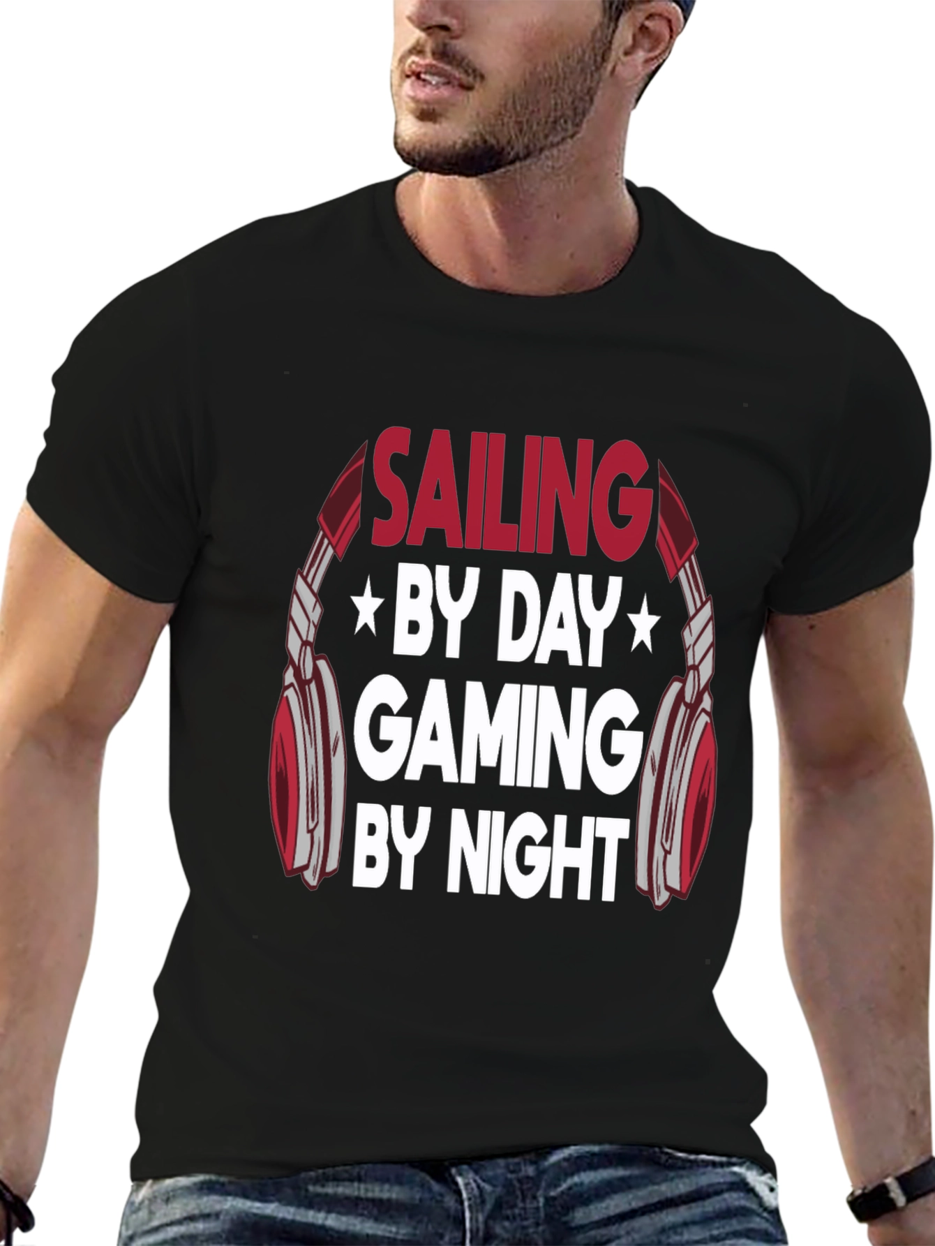 Sailing Gaming by Day Night Mens Black T-Shirt