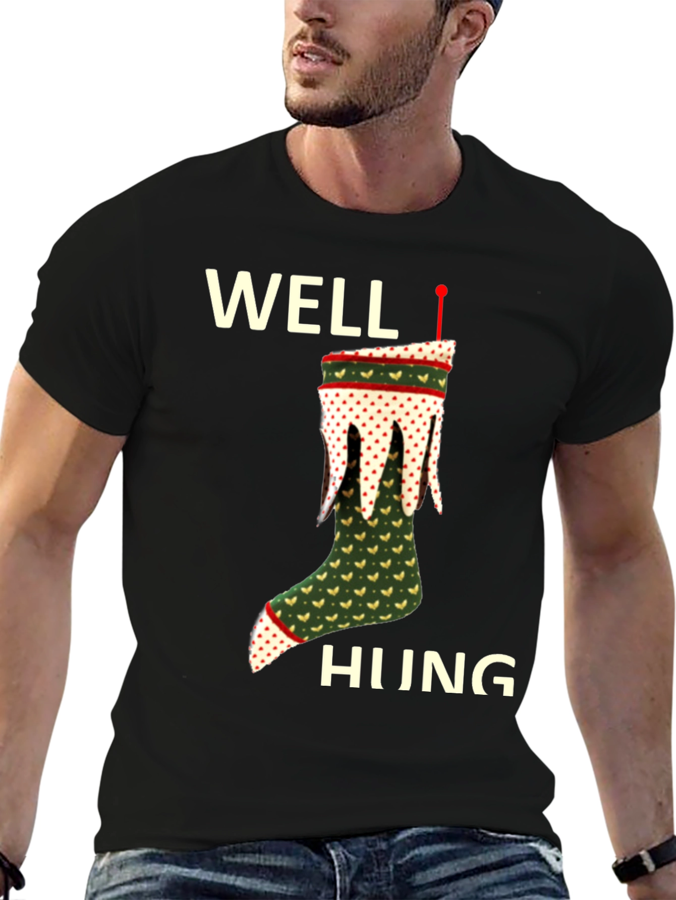 Well Hung Christmas Stocking T-Shirt Funny Holiday Tee