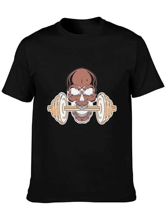 Skull Dumbbell Graphic Tee - Black Cotton T-Shirt