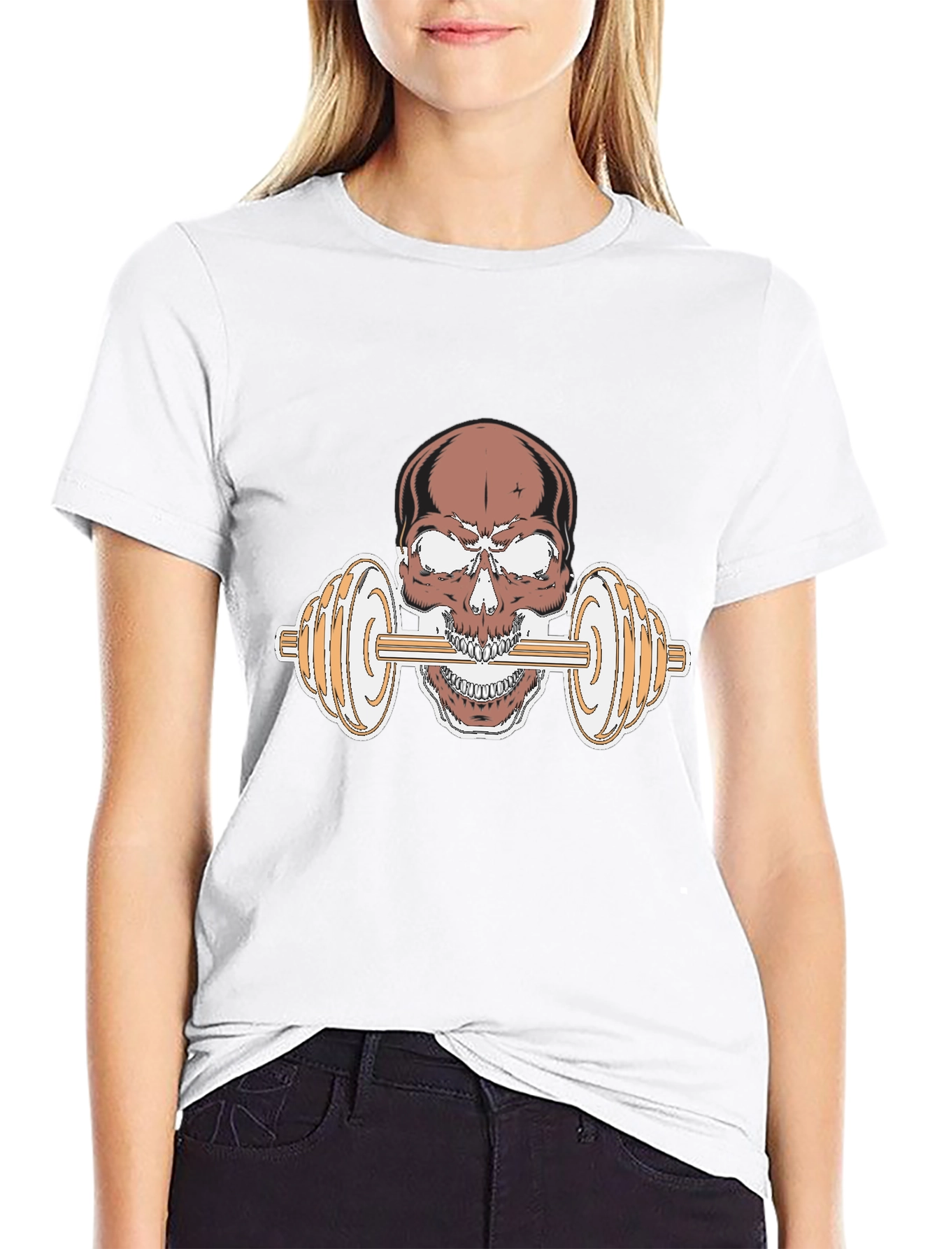 Skull Dumbbell Graphic Tee - Black Cotton T-Shirt
