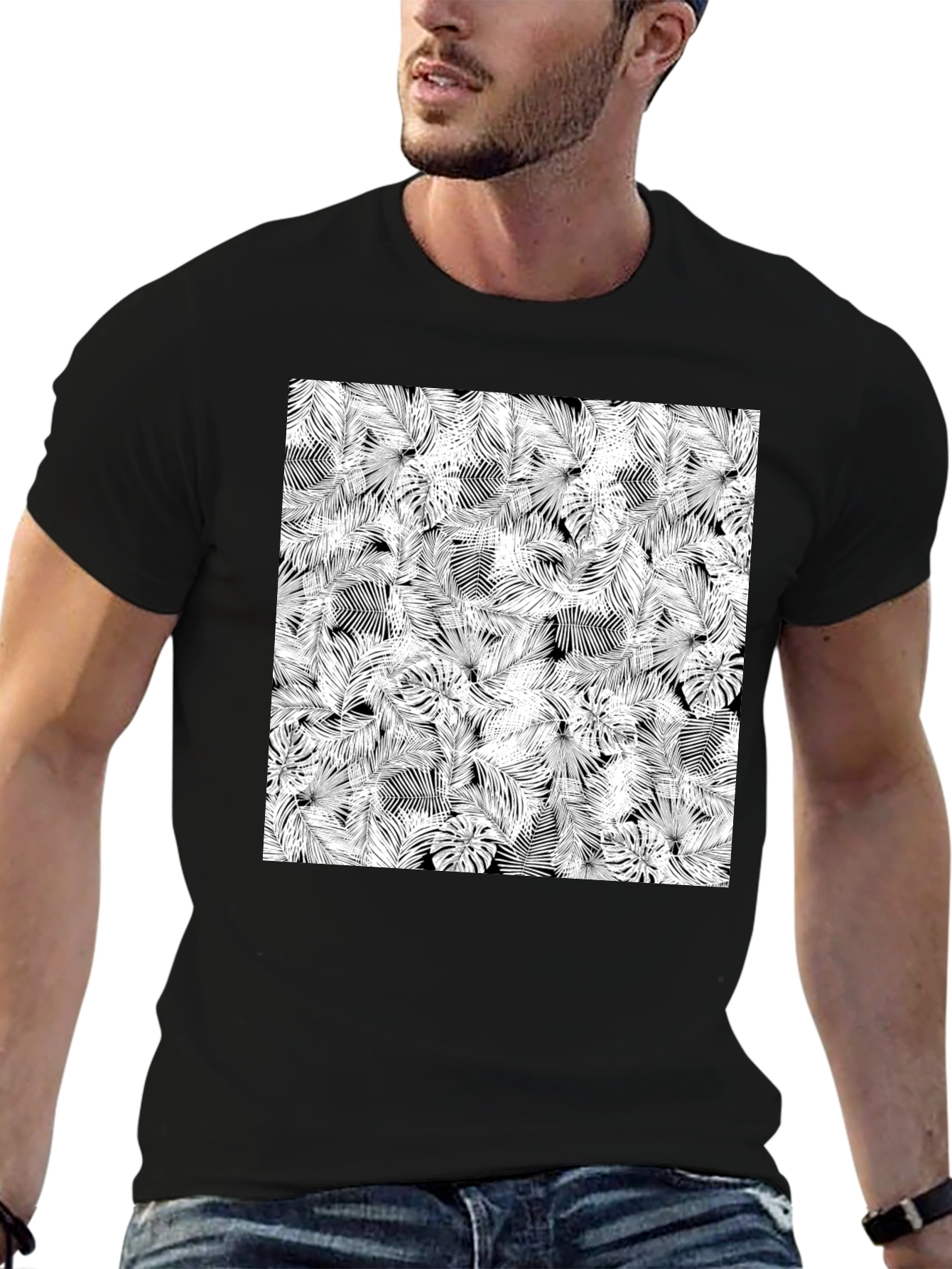 Tropical Leaf Print Black T-Shirt