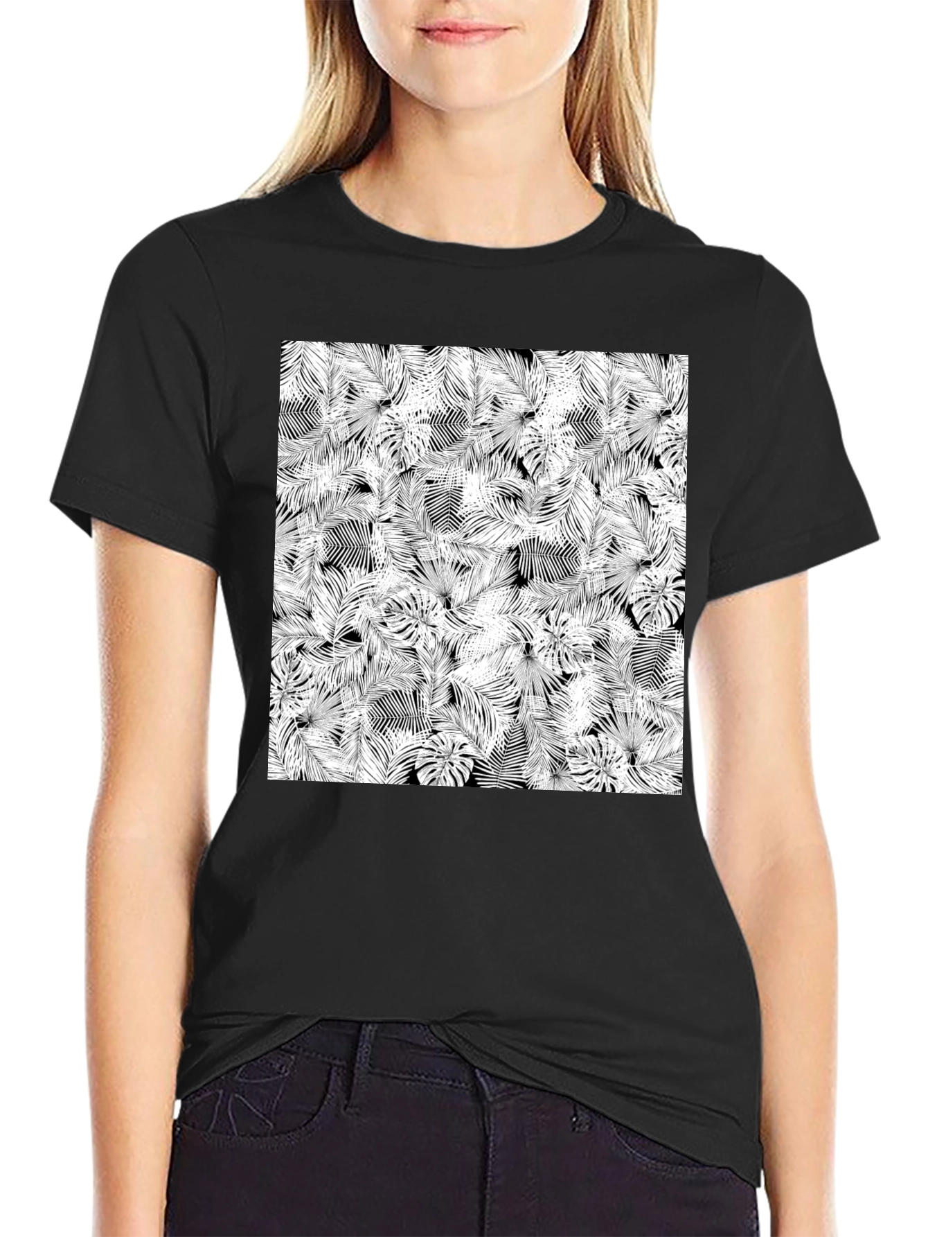 Tropical Leaf Print Black T-Shirt