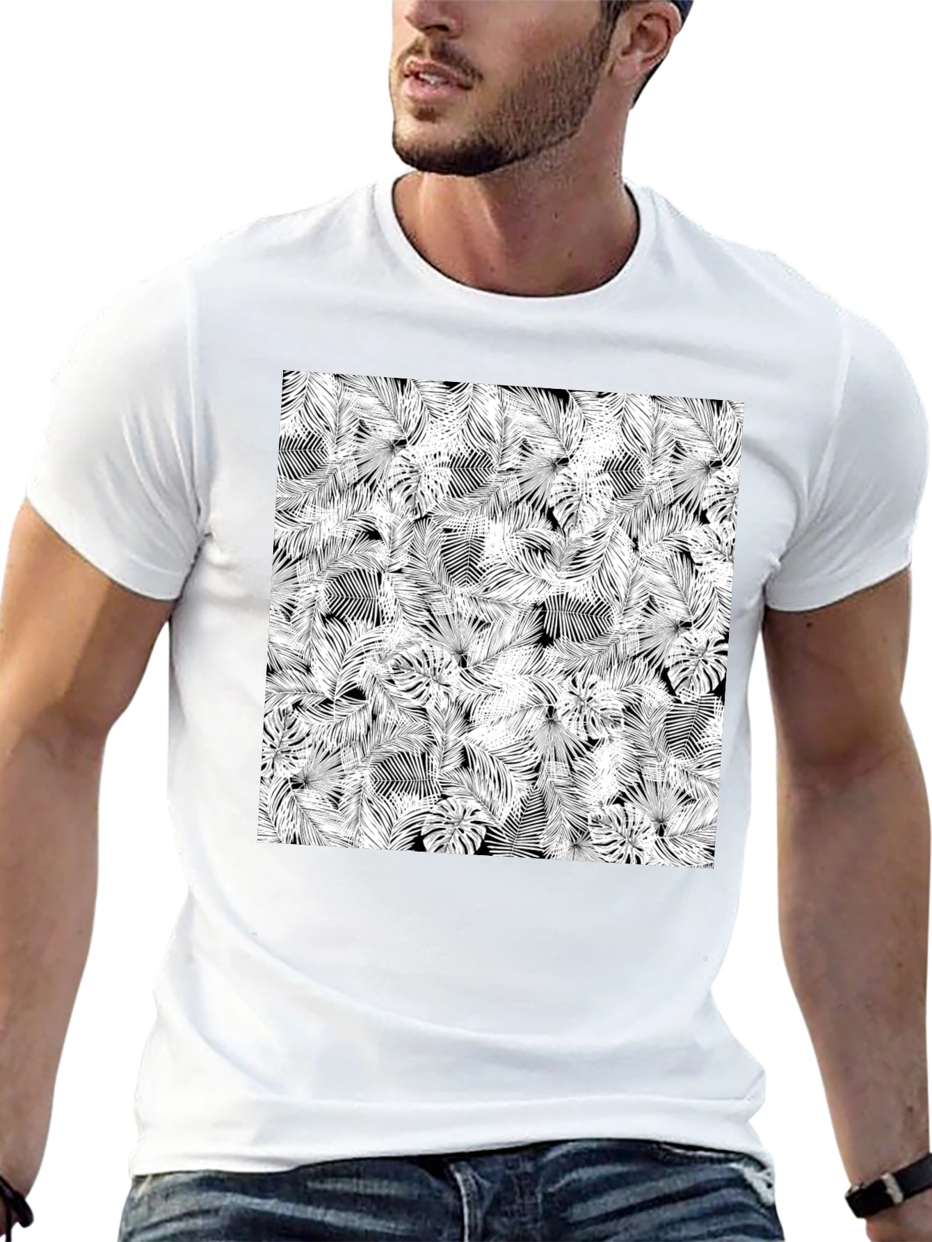 Tropical Leaf Print Black T-Shirt