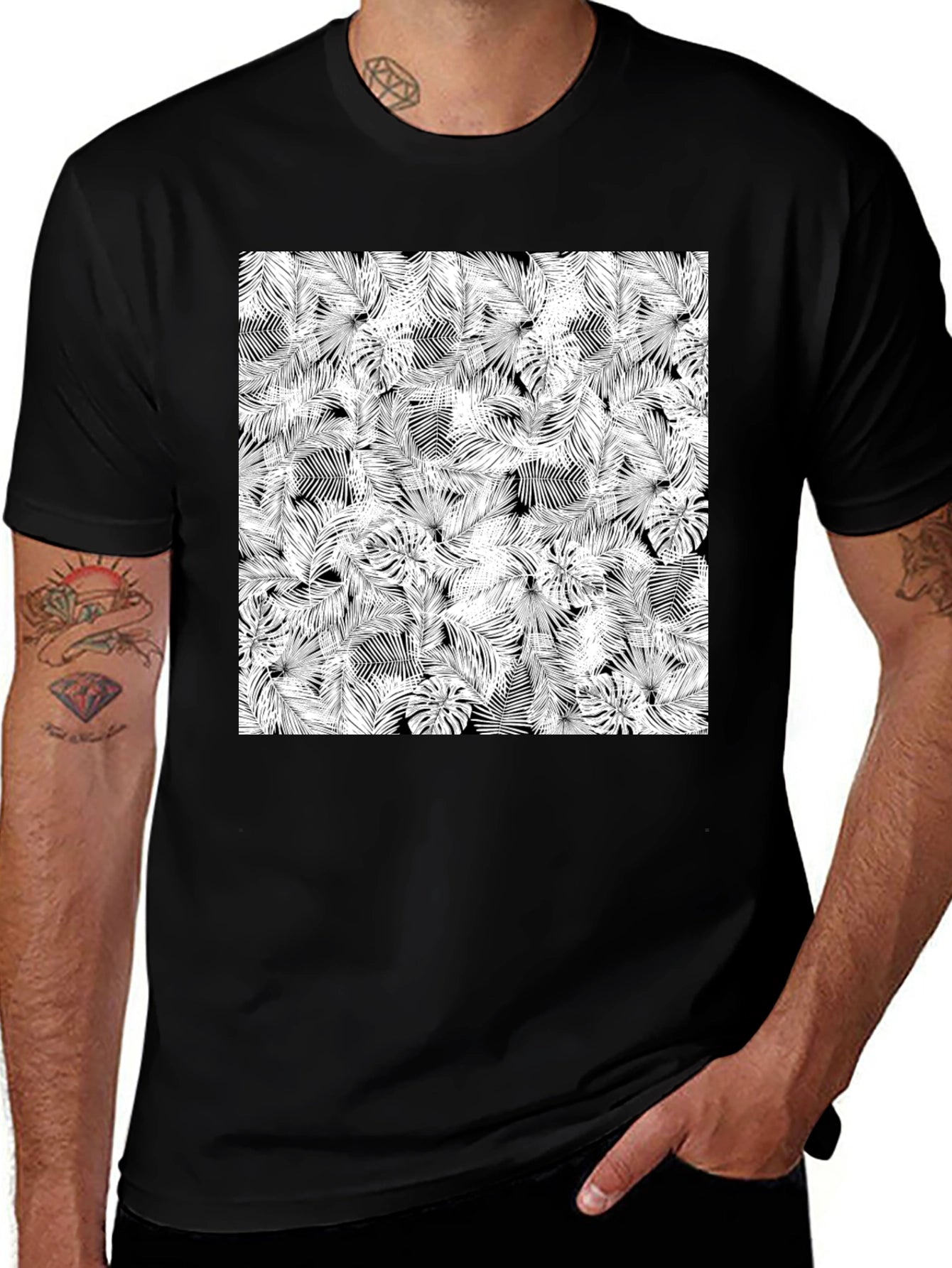 Tropical Leaf Print Black T-Shirt