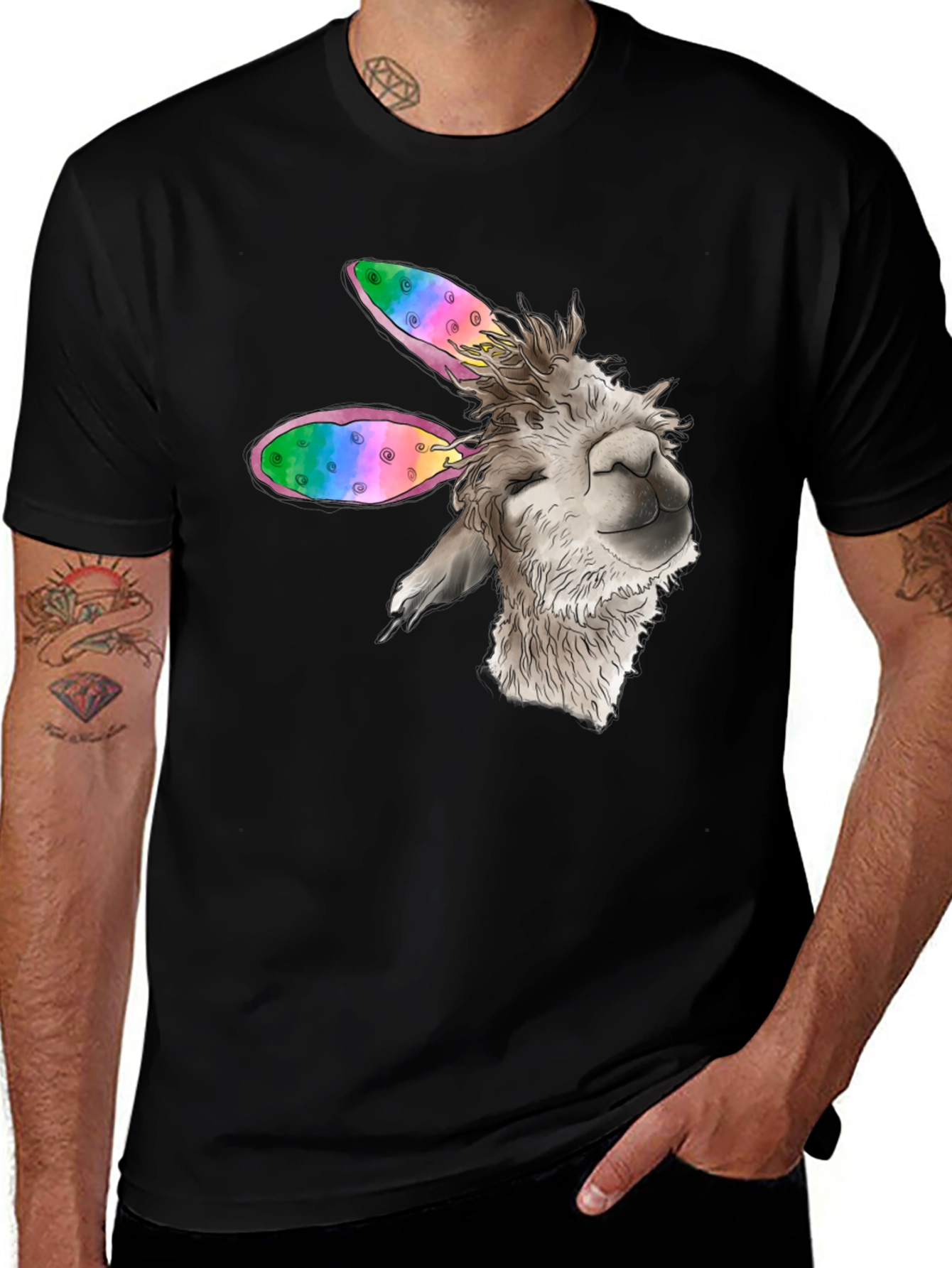 Llama Bunny Ears Easter Black T-Shirt