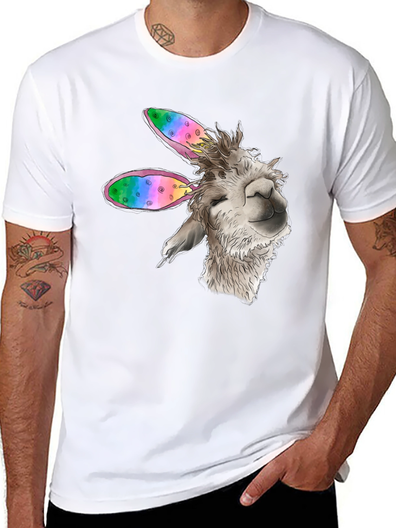 Llama Bunny Ears Easter Black T-Shirt