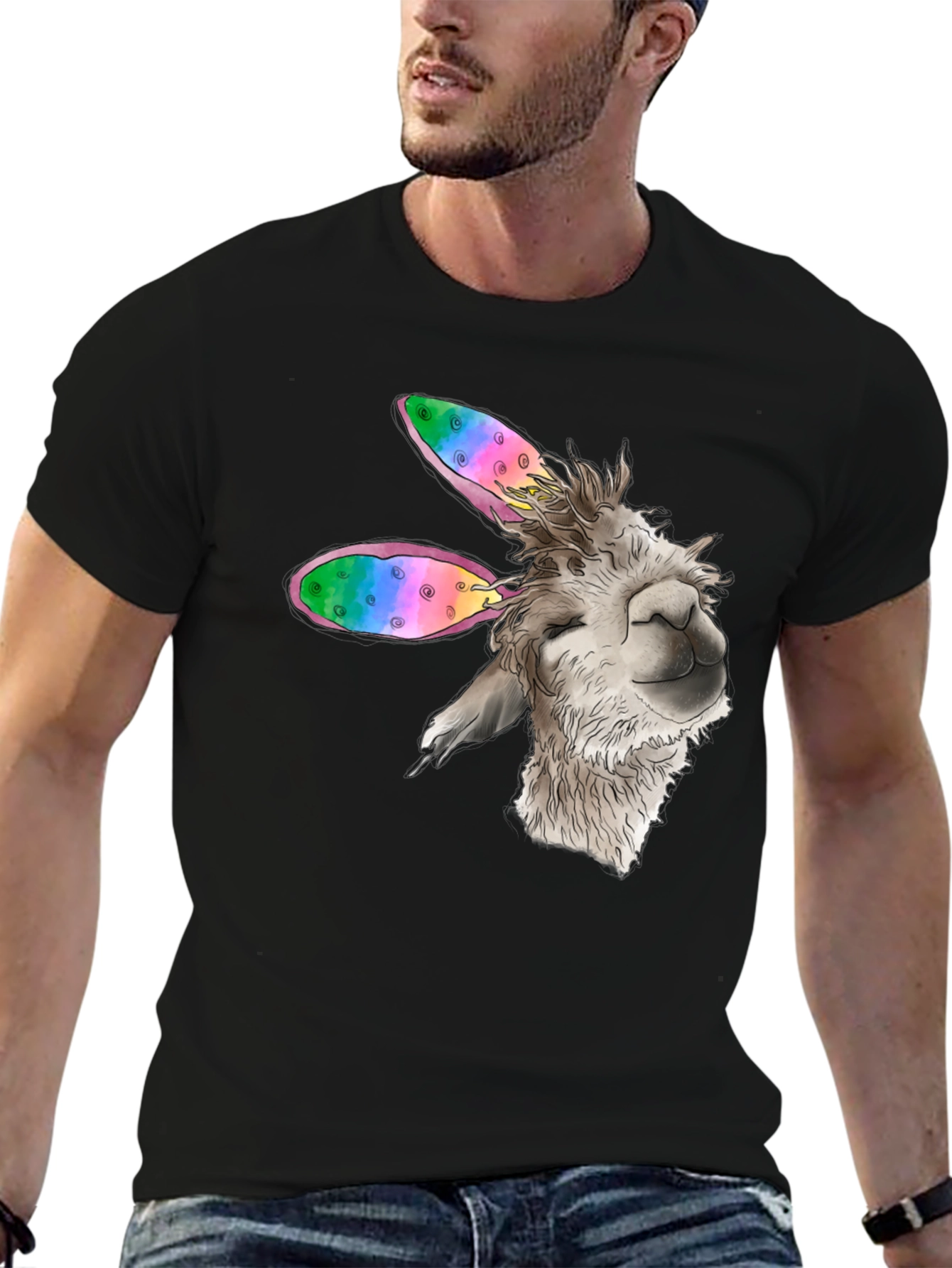 Llama Bunny Ears Easter Black T-Shirt
