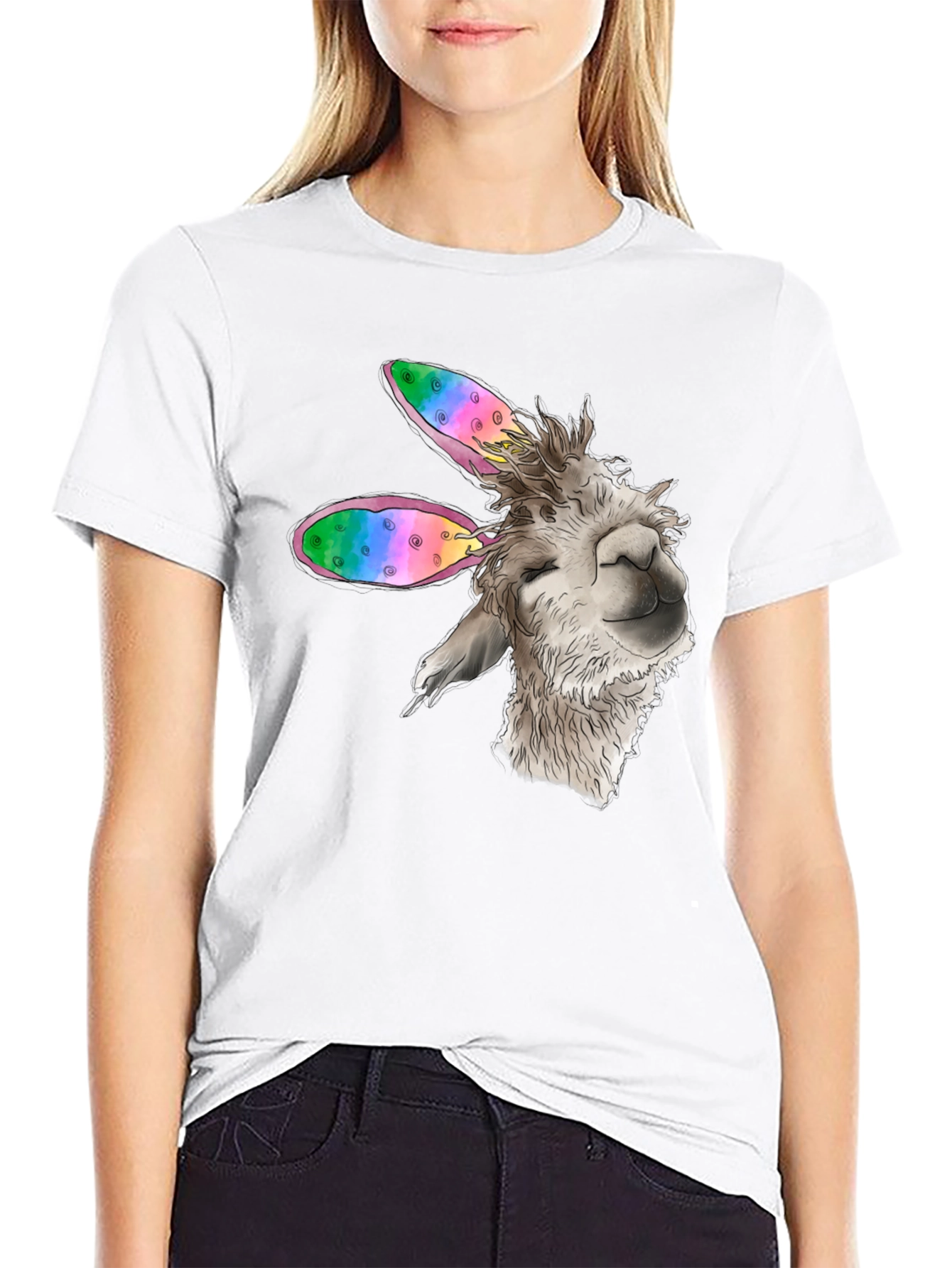 Llama Bunny Ears Easter Black T-Shirt